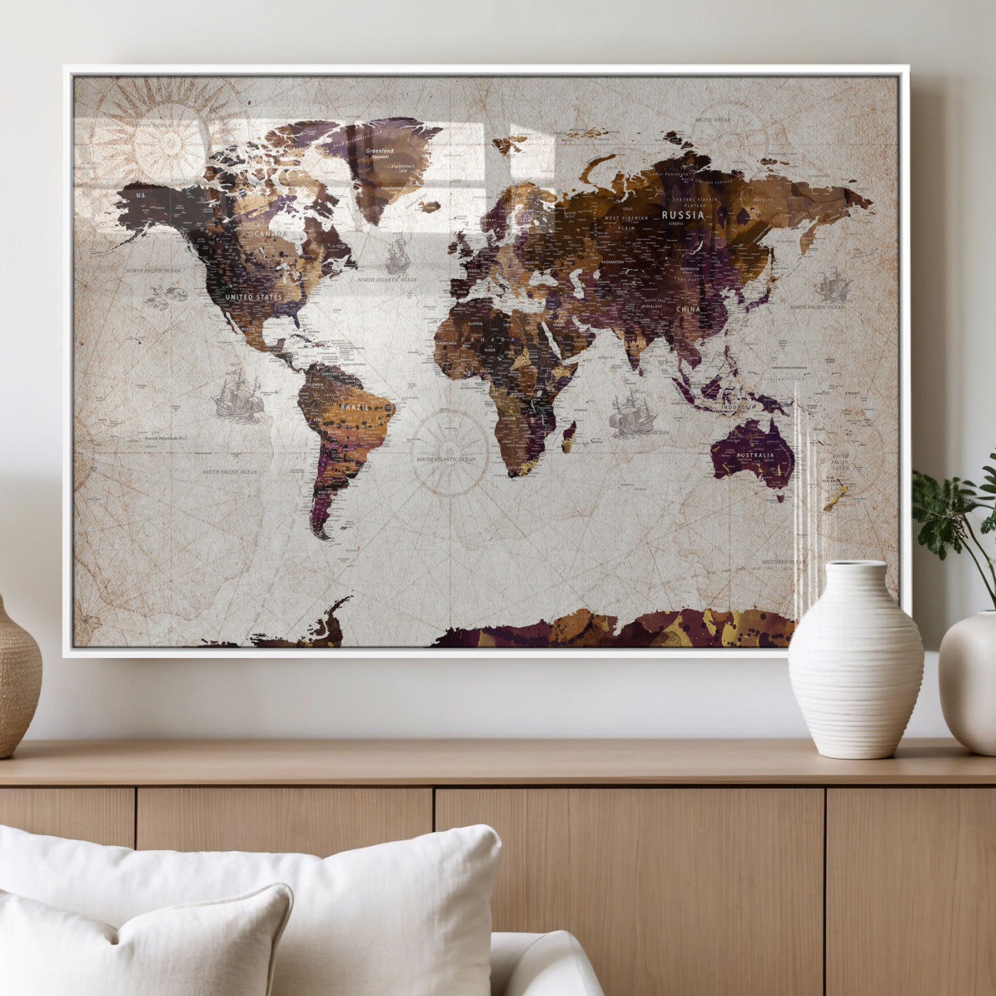 53400857-MGV-CV-36X24 - World Map Wall Art Canvas Print, Modern Decorative Framed Map Artwork Prints for Living Room, Office, Bedroom Wall Decor