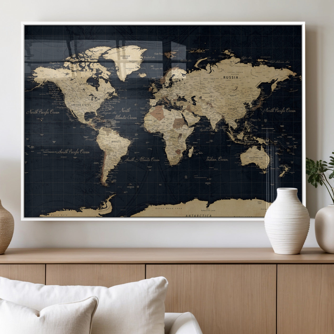 45063434-MGV-CV-36X24 - World Map Wall Art Canvas Print, Modern Decorative Framed Map Artwork Prints for Living Room, Office, Bedroom Wall Decor