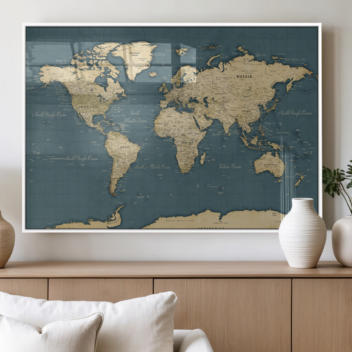99599383-MGV-CV-36X24 - World Map Wall Art Canvas Print, Modern Decorative Framed Map Artwork Prints for Living Room, Office, Bedroom Wall Decor