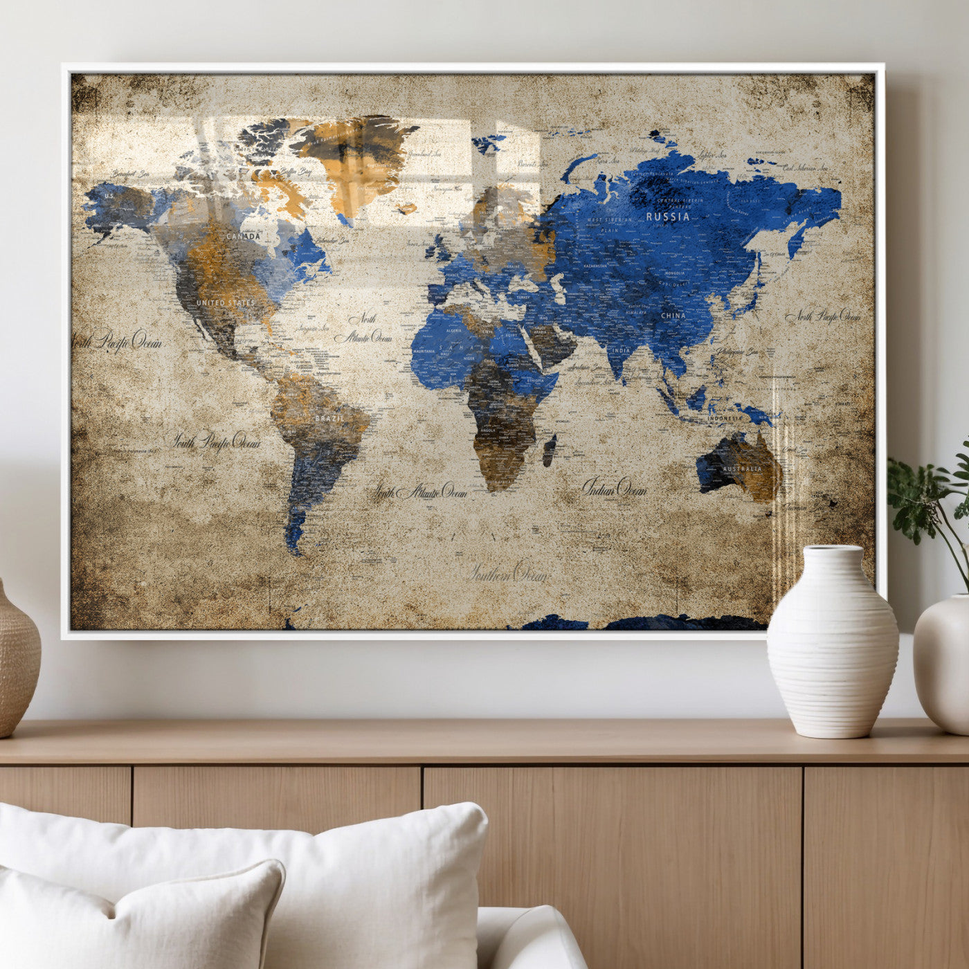 27314341-MGV-CV-36X24 - World Map Wall Art Canvas Print, Modern Decorative Framed Map Artwork Prints for Living Room, Office, Bedroom Wall Decor