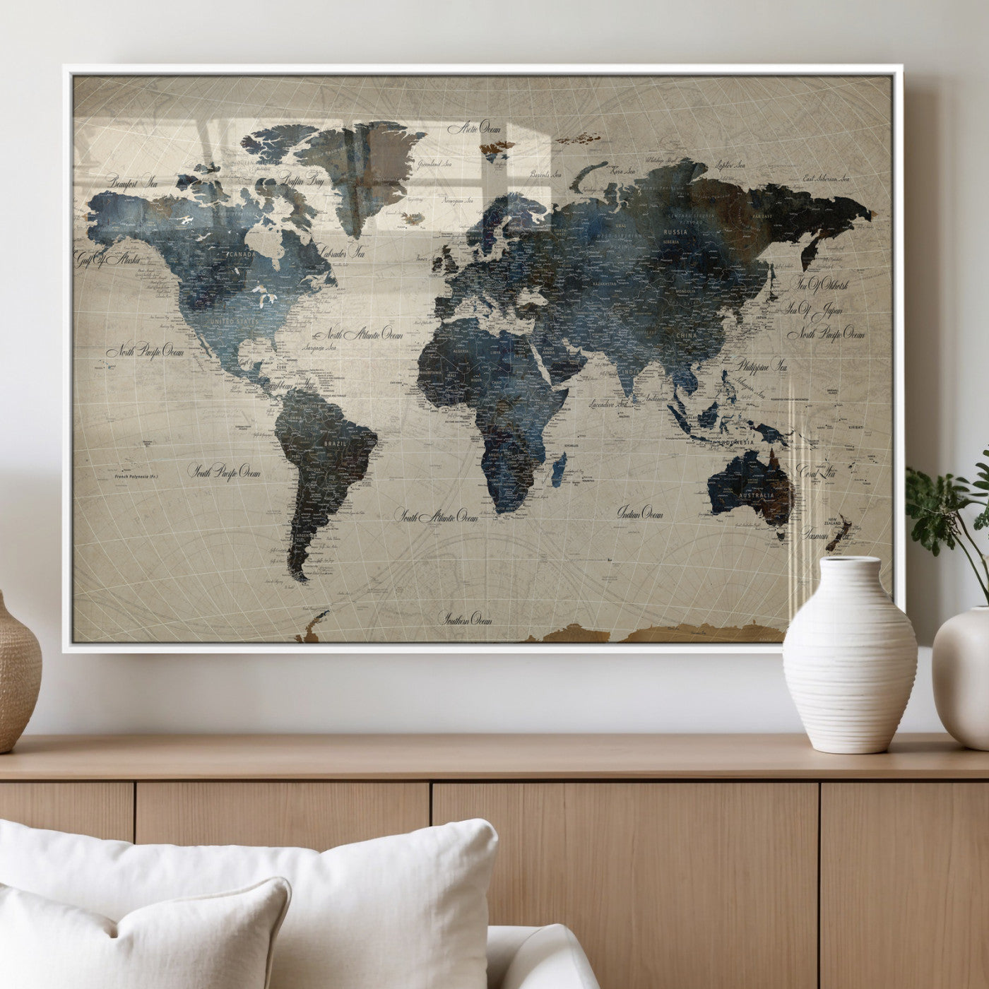 72927803-MGV-CV-36X24 - World Map Wall Art Canvas Print, Modern Decorative Framed Map Artwork Prints for Living Room, Office, Bedroom Wall Decor