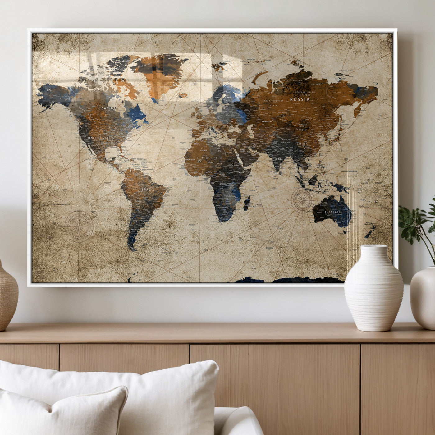 27163414-MGV-CV-36X24 - World Map Wall Art Canvas Print, Modern Decorative Framed Map Artwork Prints for Living Room, Office, Bedroom Wall Decor