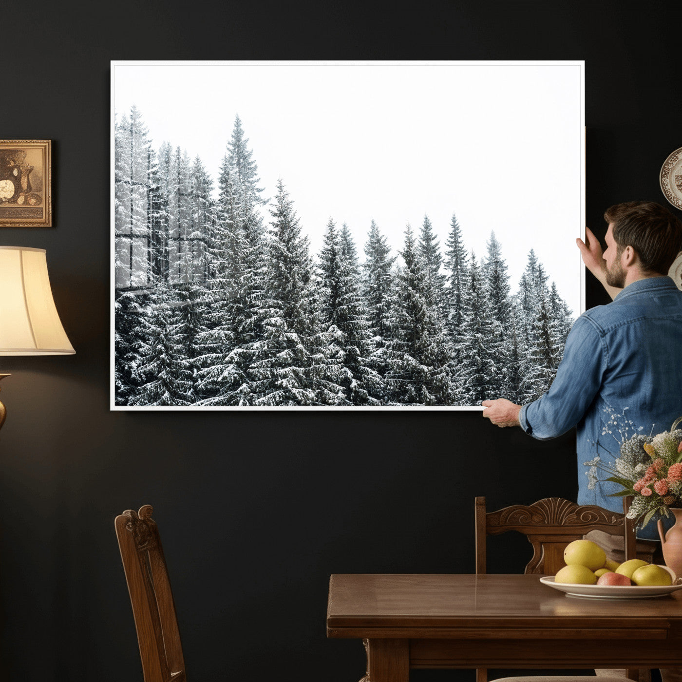 69566941-MGV-CV-36X24 - Misty Mountain Forest Canvas Print, Foggy Pine Trees Nature Wall Art, Framed Canvas Ready to Hang