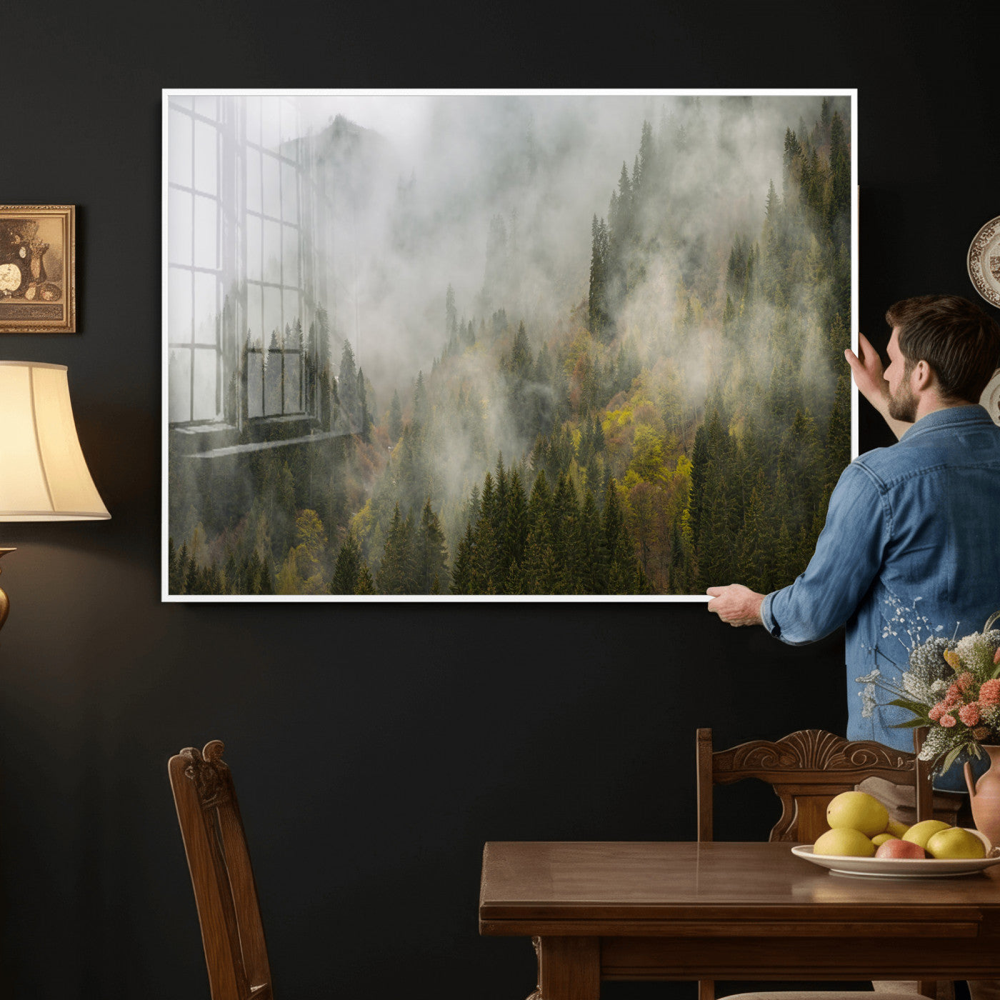 31152954-MGV-CV-36X24 - Misty Mountain Forest Canvas Print, Foggy Pine Trees Nature Wall Art, Framed Canvas Ready to Hang