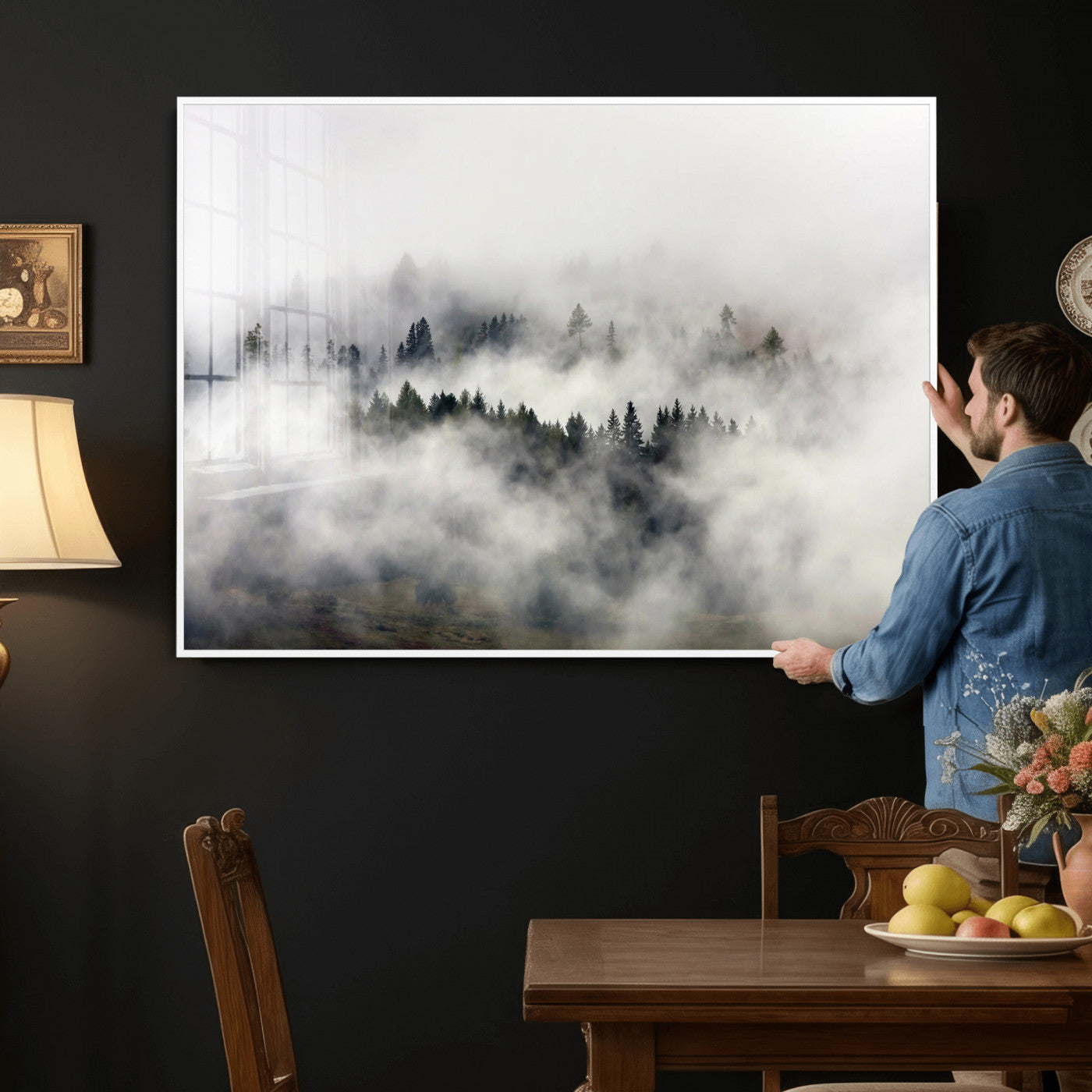 63235457-MGV-CV-36X24 - Foggy Forest Wall Art Canvas Print, Misty Pine Tree Landscape Wall Art Print, Framed Wall Art Ready to Hang
