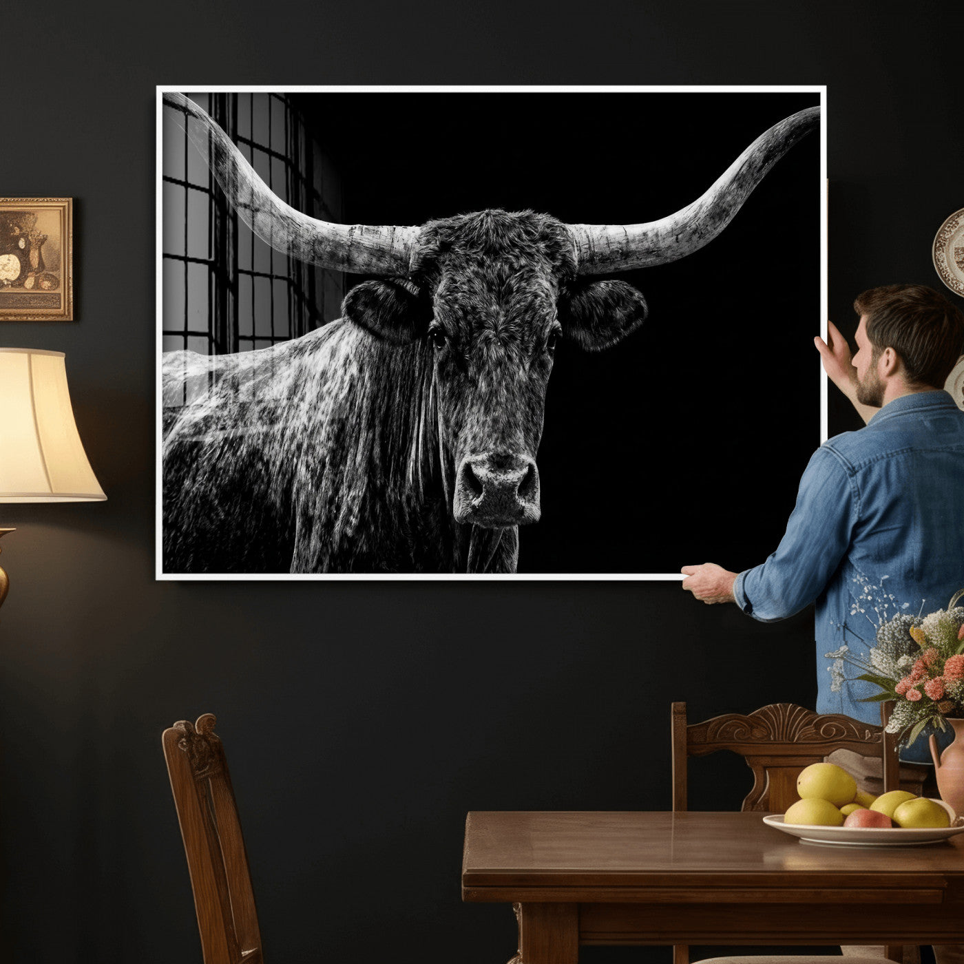 86568508-MGV-CV-36X24 - Vintage Texas Longhorn Bull Wall Art Canvas Print, Texas Cow Portrait Print, Framed Bull Wall Art Ready to Hang