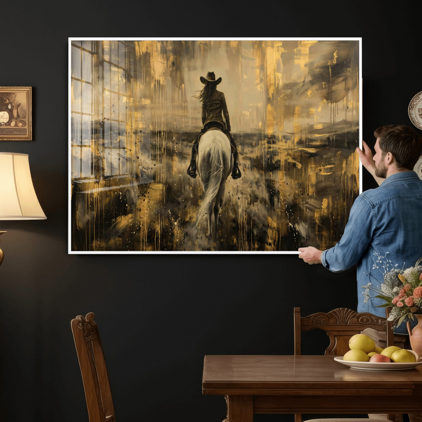 20465530-MGV-CV-36X24 - Cowgirl Wall Art Canvas Print, Western Horse Rider Wall Art, Framed Wall Art Ready to Hang