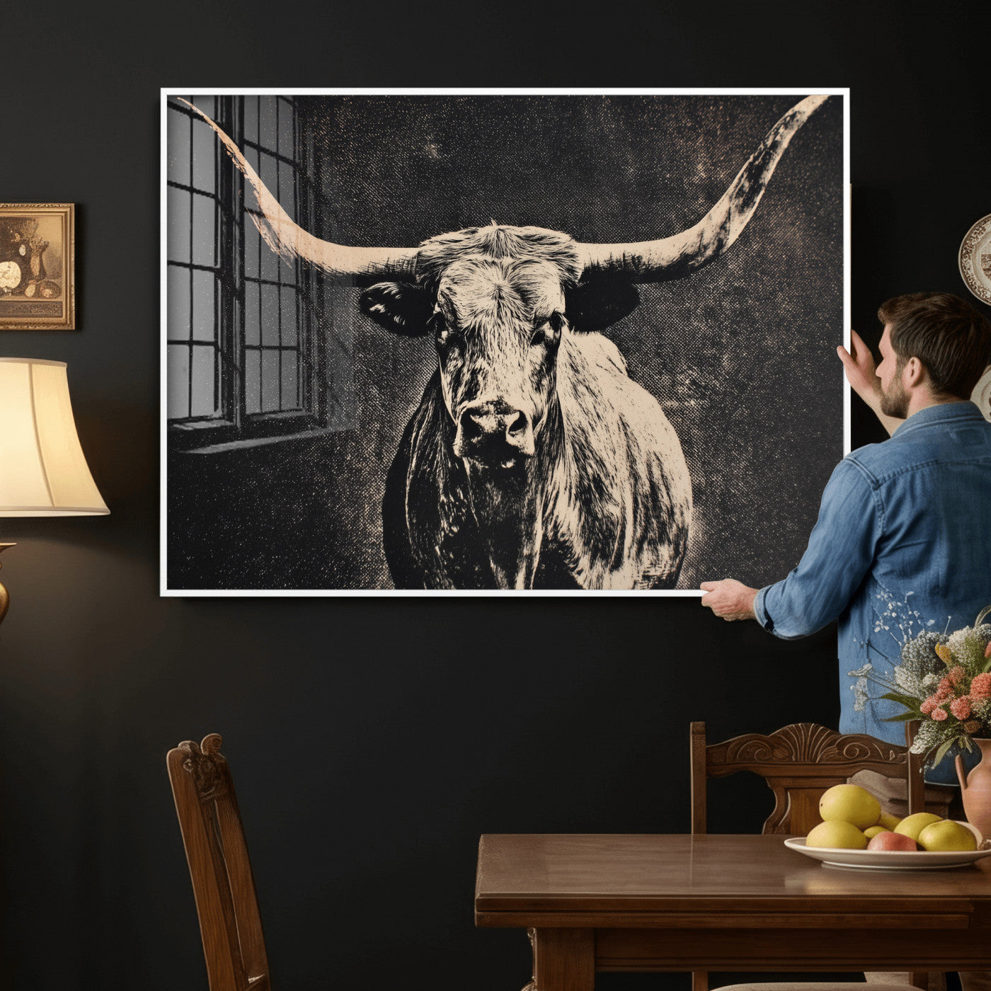 27394218-MGV-CV-36X24 - Vintage Texas Longhorn Bull Wall Art Canvas Print, Cow Portrait Photography Print, Framed Wall Art Ready to Hang