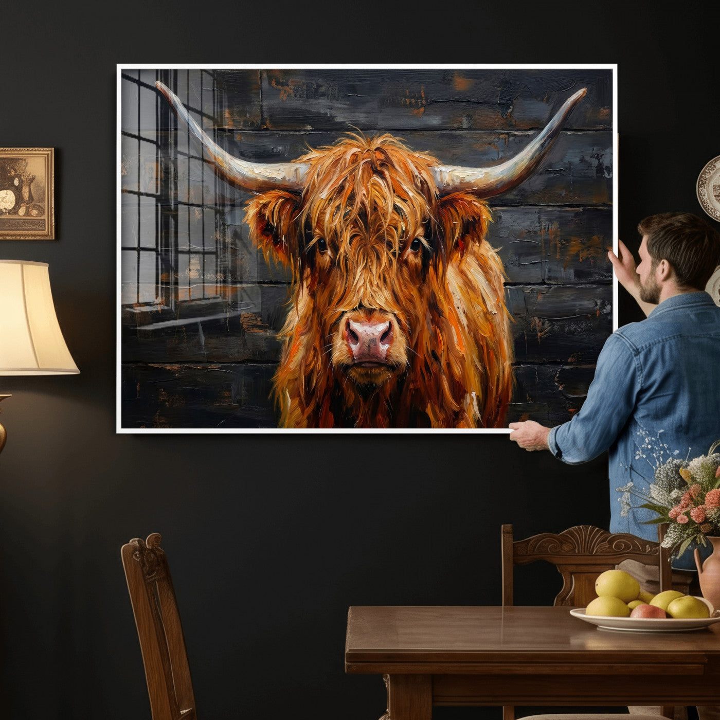 32536611-MGV-CV-36X24 - Highland Cow Wall Art Canvas Print, Rustic Farm Animal Painting, Framed Wall Art Ready to Hang