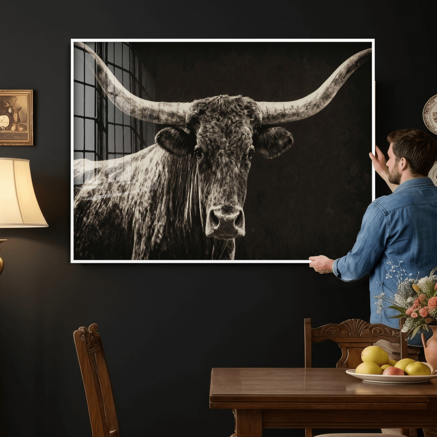 74513721-MGV-CV-36X24 - Vintage Texas Longhorn Bull Wall Art Canvas Print, Cow Portrait Photography Print, Framed Wall Art Ready to Hang