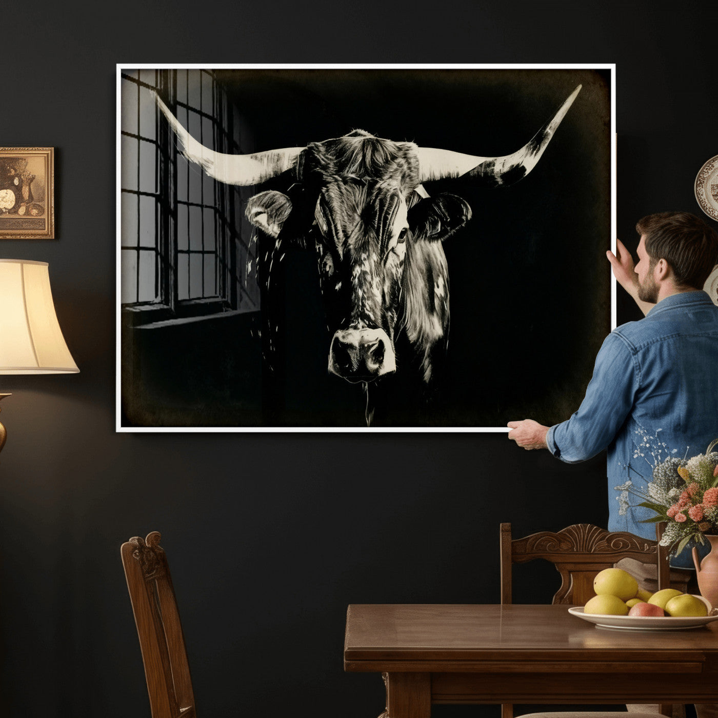 91364114-MGV-CV-36X24 - Black Bull Wall Art Canvas Print, Texas Longhorn Portrait Print, Framed Wall Art Ready to Hang