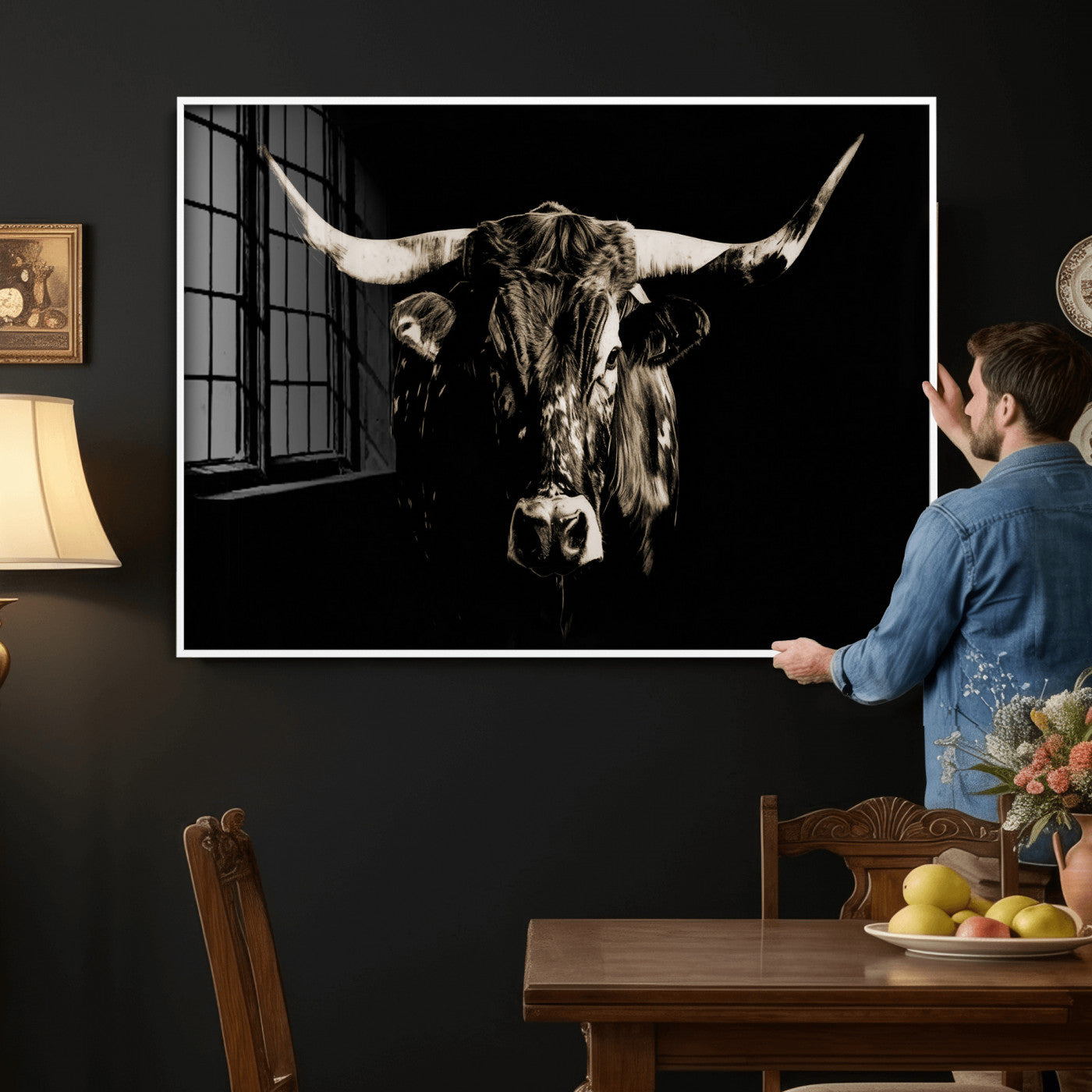 75774468-MGV-CV-36X24 - Black Bull Wall Art Canvas Print, Dark Longhorn Portrait Photography, Framed Wall Art Ready to Hang