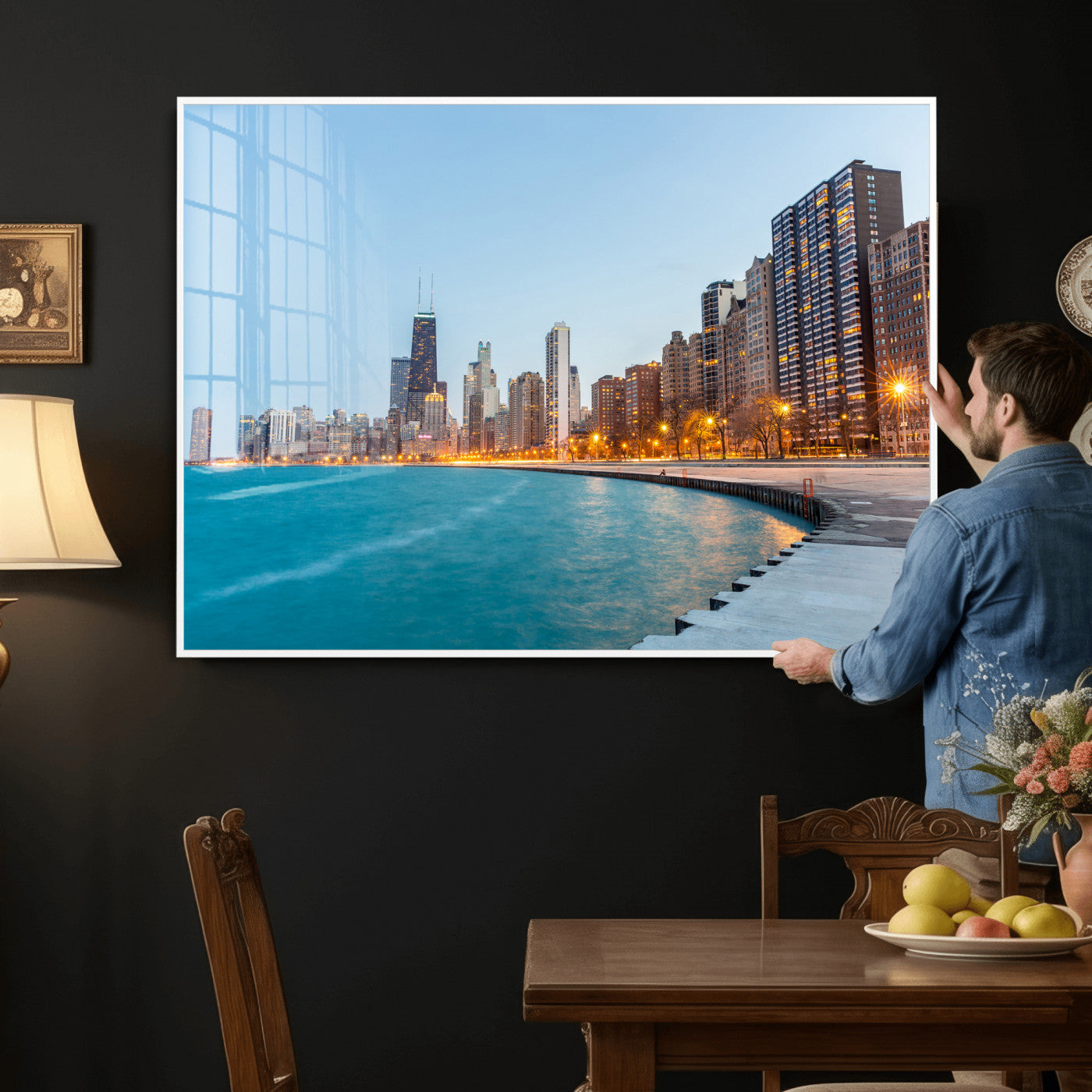 66780141-MGV-CV-36X24 - Chicago Wall Art Canvas Print, Chicago City Downtown Night Cityscape Print for Modern Urban Wall Decor