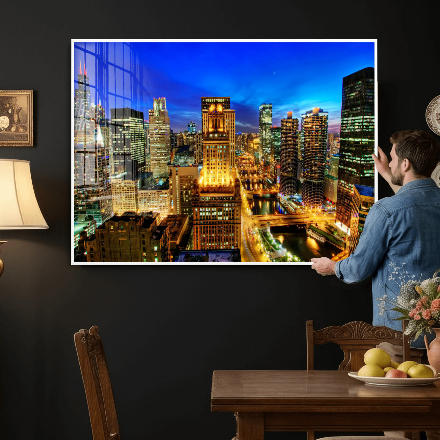 46298885-MGV-CV-36X24 - Chicago Wall Art Canvas Print, Chicago City Downtown Night Cityscape Print for Modern Urban Wall Decor