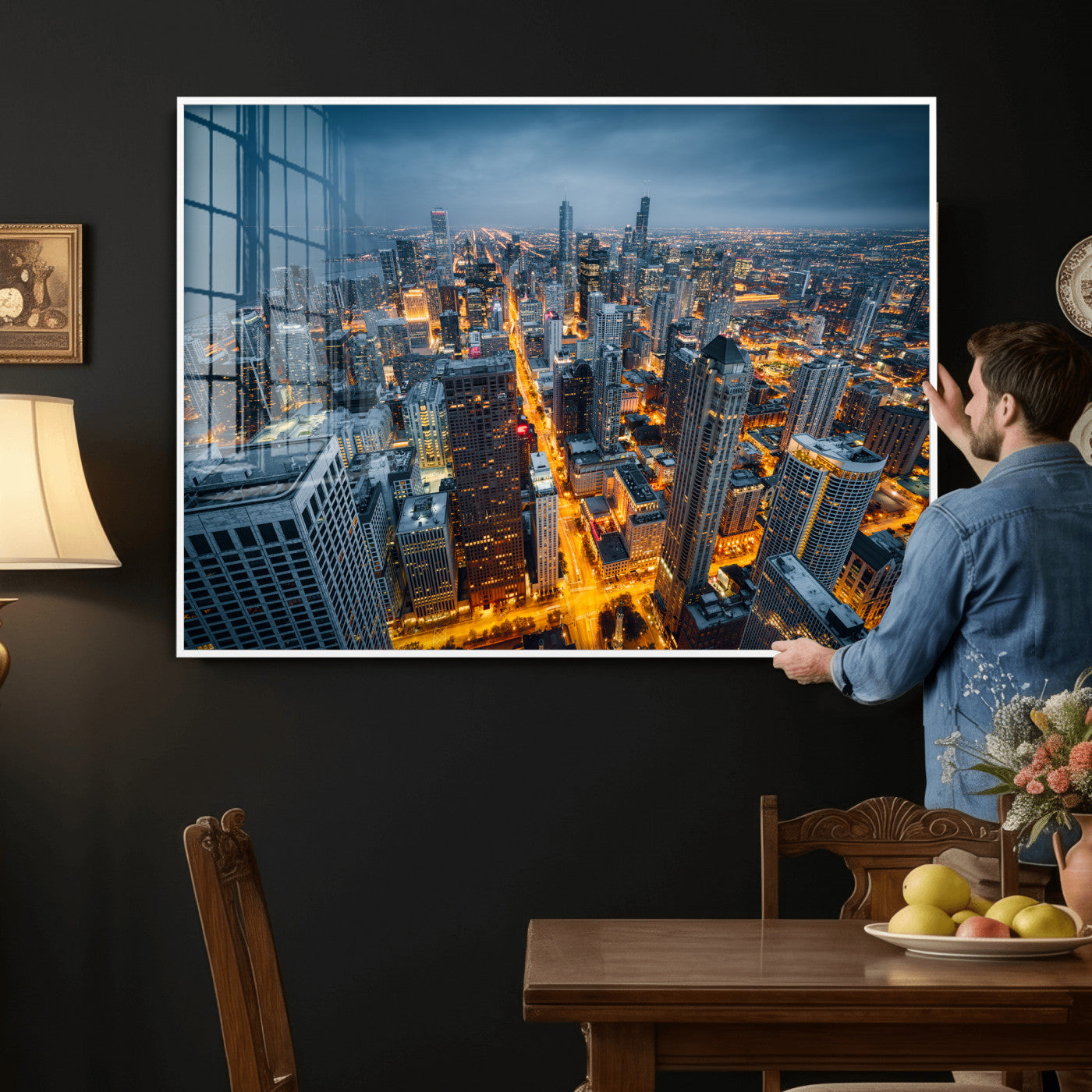 81742538-MGV-CV-36X24 - Chicago Wall Art Canvas Print, Chicago City Downtown Night Cityscape Print for Modern Urban Wall Decor