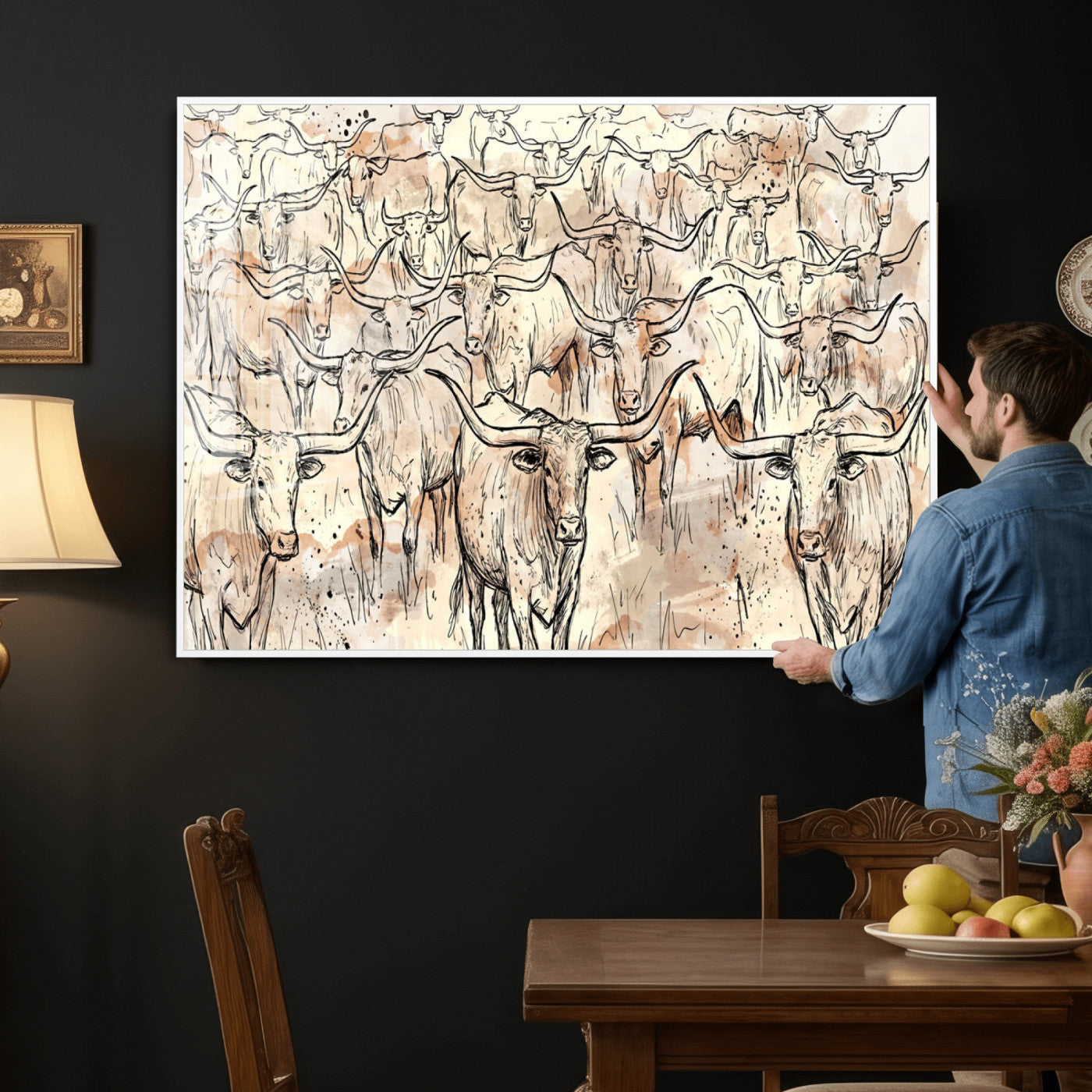 94055403-MGV-CV-36X24 - Farmhouse Animals Wall Art Canvas Print - Abstract Farm Animal Drawing Mid-Century Wall Art for Cabin Decor