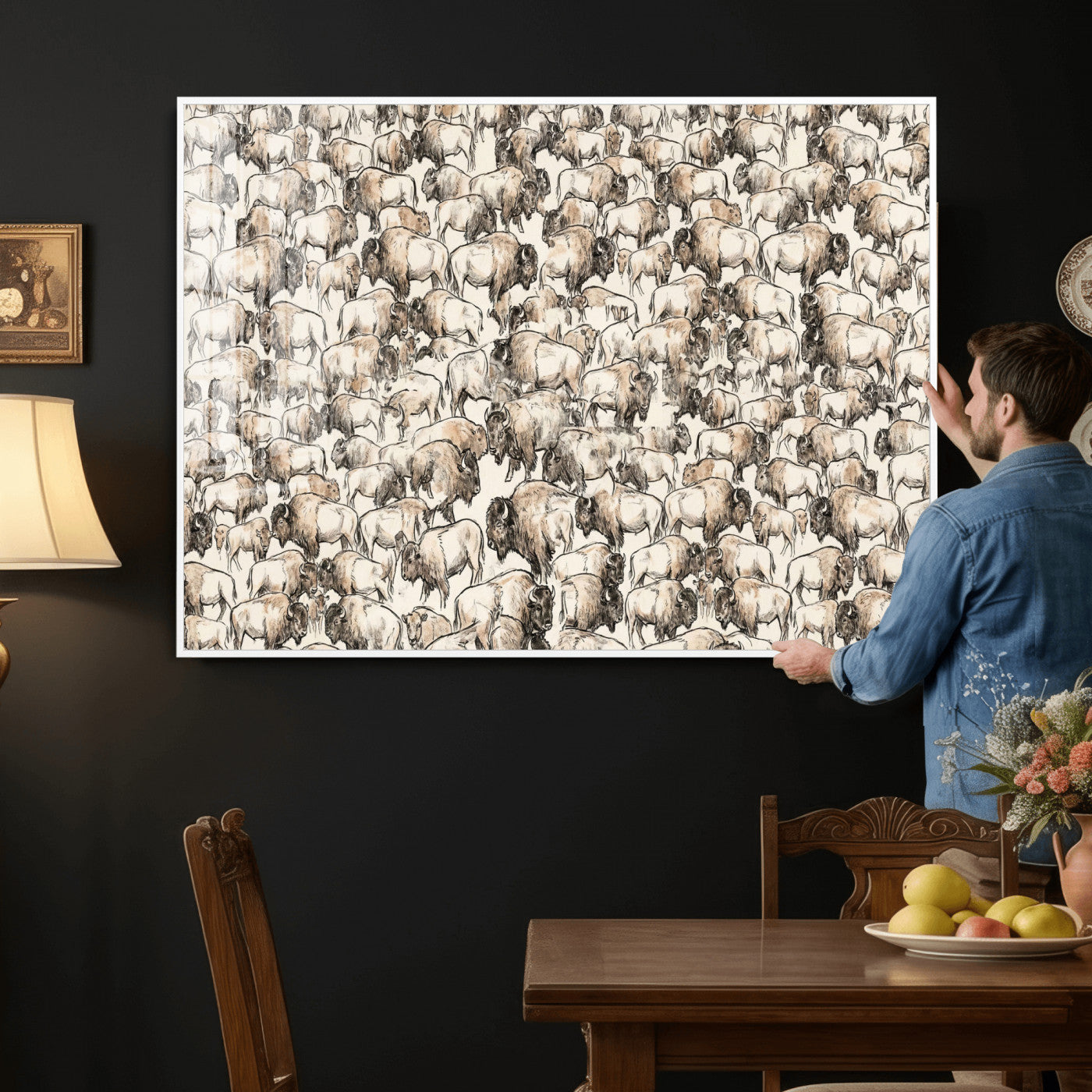 77502929-MGV-CV-36X24 - Farmhouse Animals Wall Art Canvas Print - Abstract Farm Animal Drawing Mid-Century Wall Art for Cabin Decor