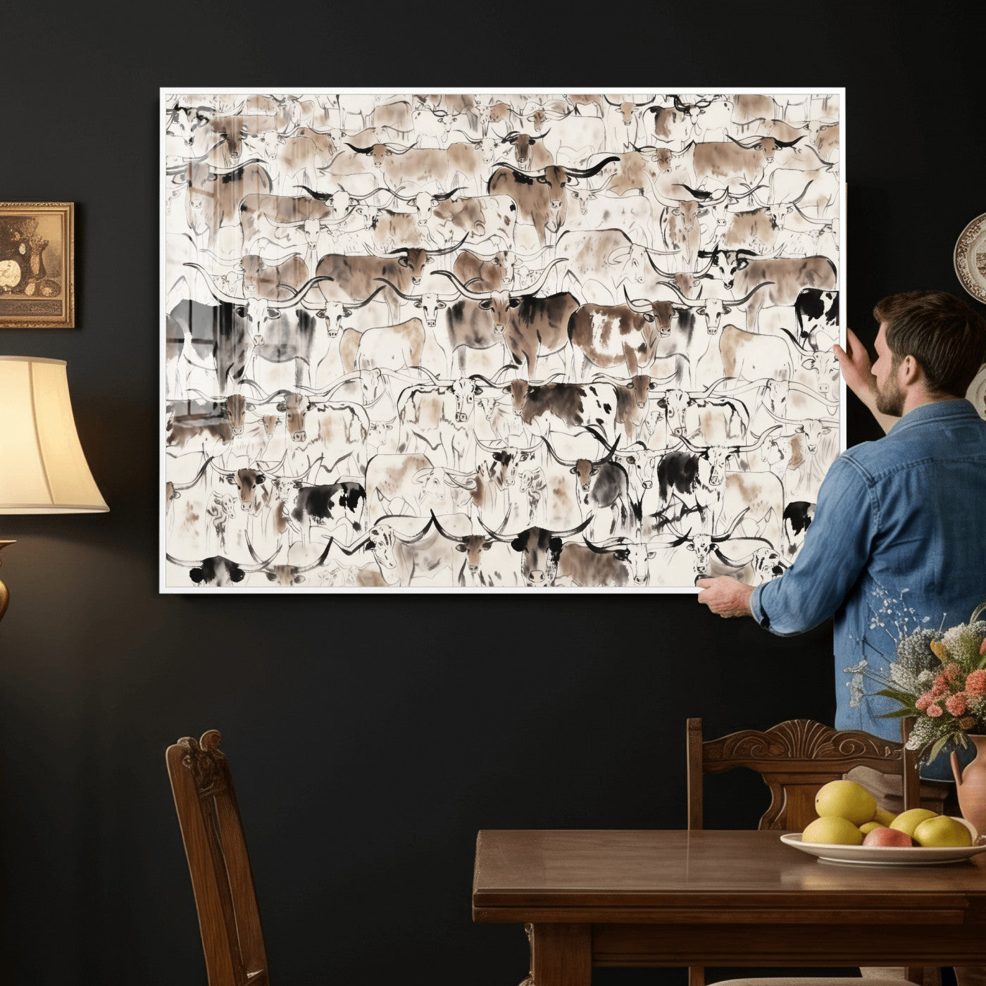 66685375-MGV-CV-36X24 - Farmhouse Animals Wall Art Canvas Print - Abstract Farm Animal Drawing Mid-Century Wall Art for Cabin Decor