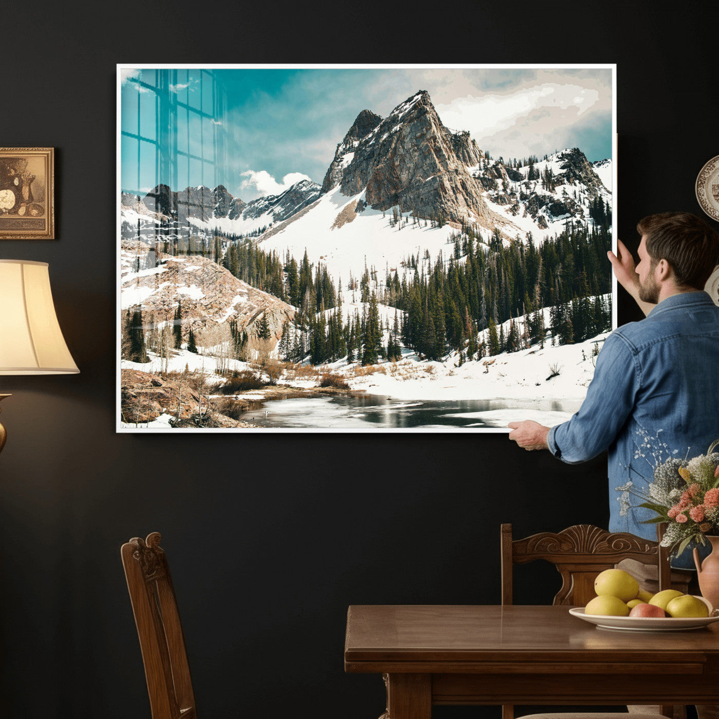 56837070-MGV-CV-36X24 - Snowy Mountain Landscape Wall Art Canvas Print, Alpine Pine Forest Winter Nature Wall Decor for Living Room and Office