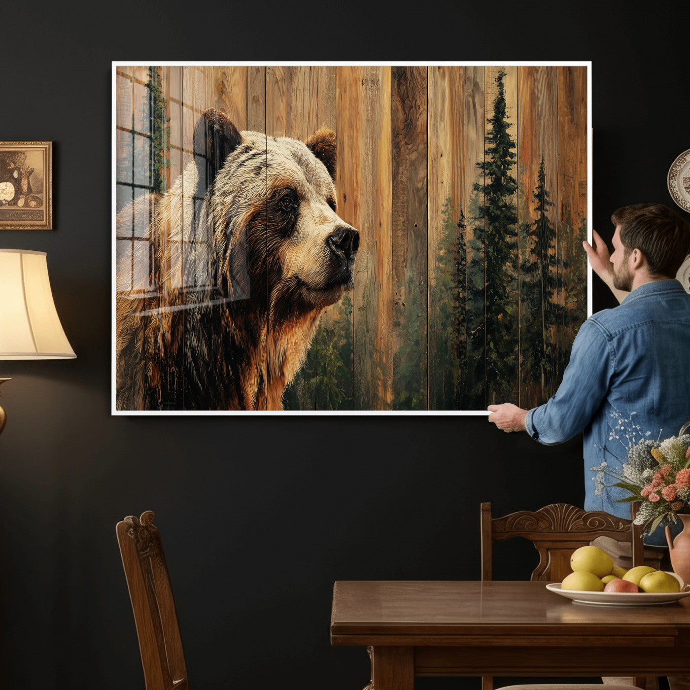 75645180-MGV-CV-36X24 - Grizzly Bear Wall Art Canvas Print, Rustic Wildlife Bear Artwork, Forest Animal Painting, Cabin Lodge Nature Wall Decor