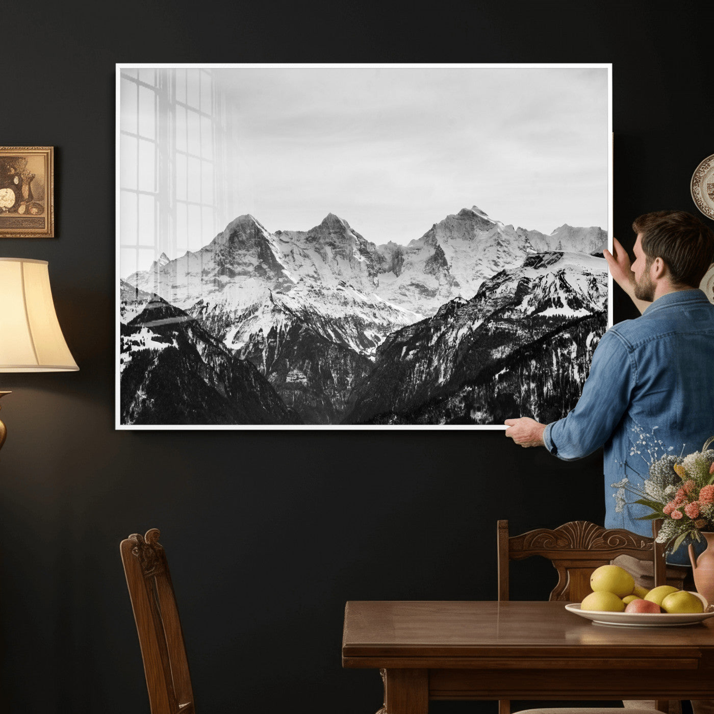 85684934-MGV-CV-36X24 - Black and White Mountain Wall Art Canvas Print, Snowy Alpine Peaks Landscape Photography, Minimal Monochrome Mountain Art, Scenic Nature Wall Decor