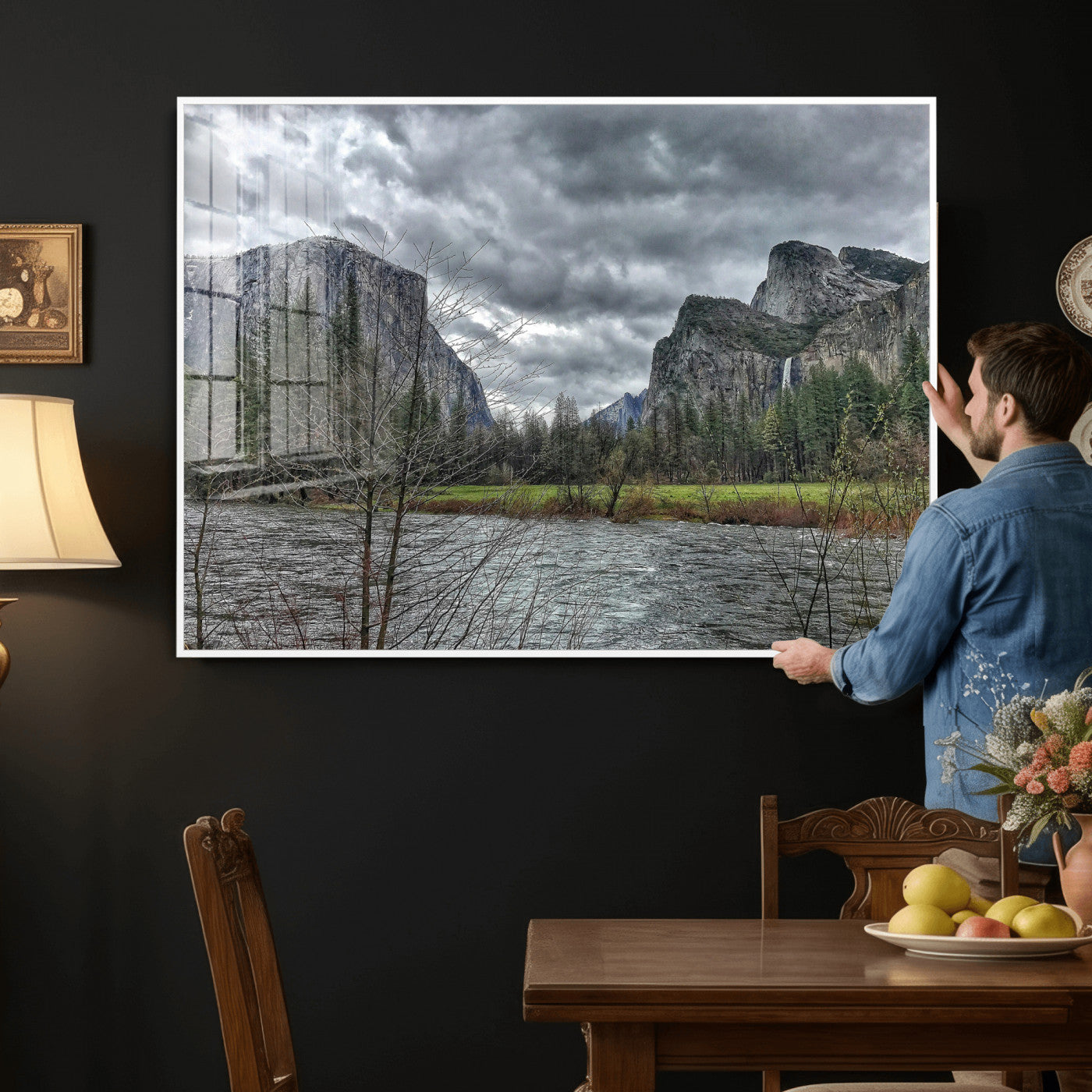 75582552-MGV-CV-36X24 - Yosemite Valley River Landscape Wall Art Canvas Print, Granite Cliffs Forest River Canvas Print, California National Park Moody Scenic Art Printi
