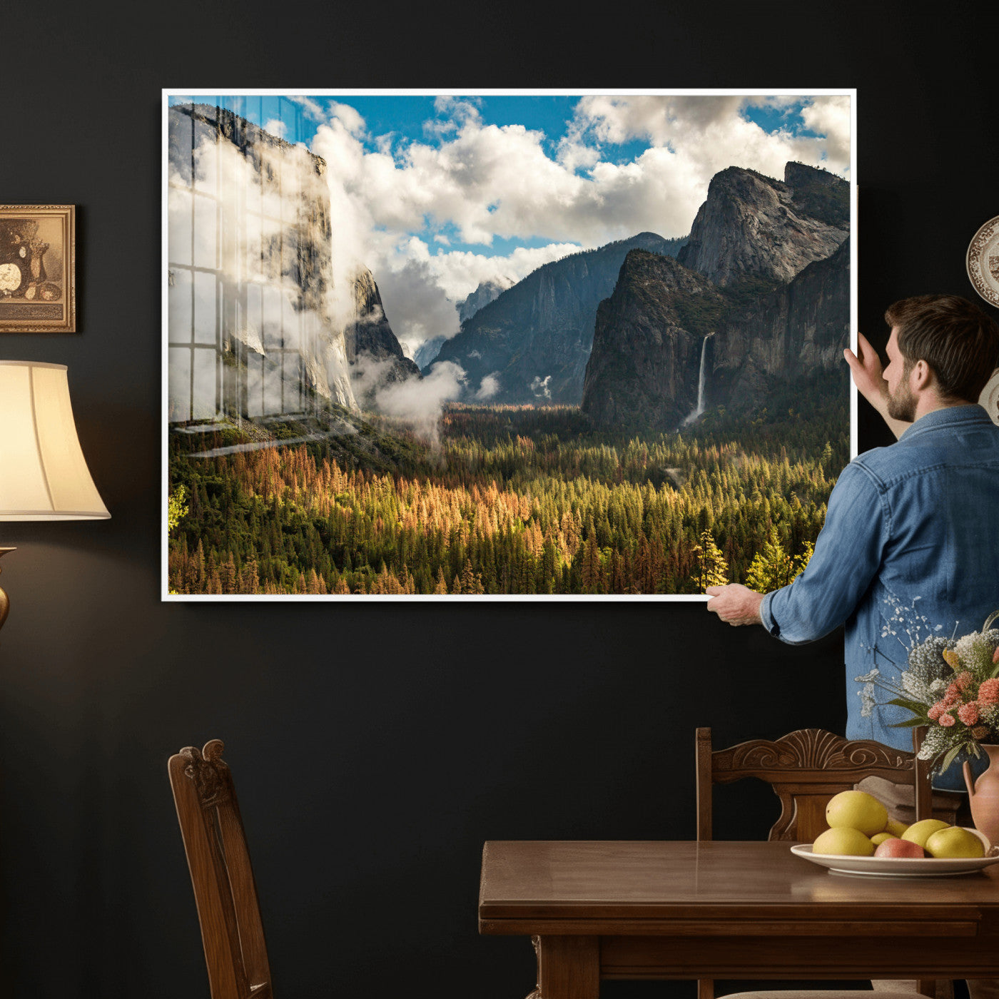 18271001-MGV-CV-36X24 - Yosemite Valley River Landscape Wall Art Canvas Print, Granite Cliffs Forest River Canvas Print, California National Park Moody Scenic Art Printi