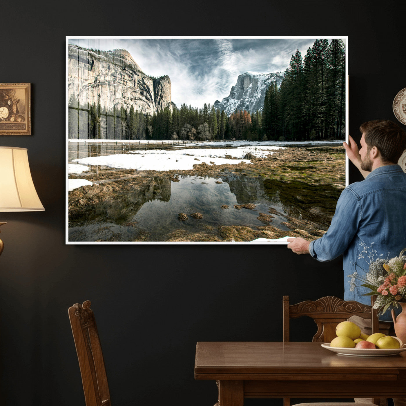 14527348-MGV-CV-36X24 - Yosemite Valley Mountain Landscape Wall Art Canvas Print, Granite Cliff Forest Valley Canvas Print, California National Park Scenic Art Printing