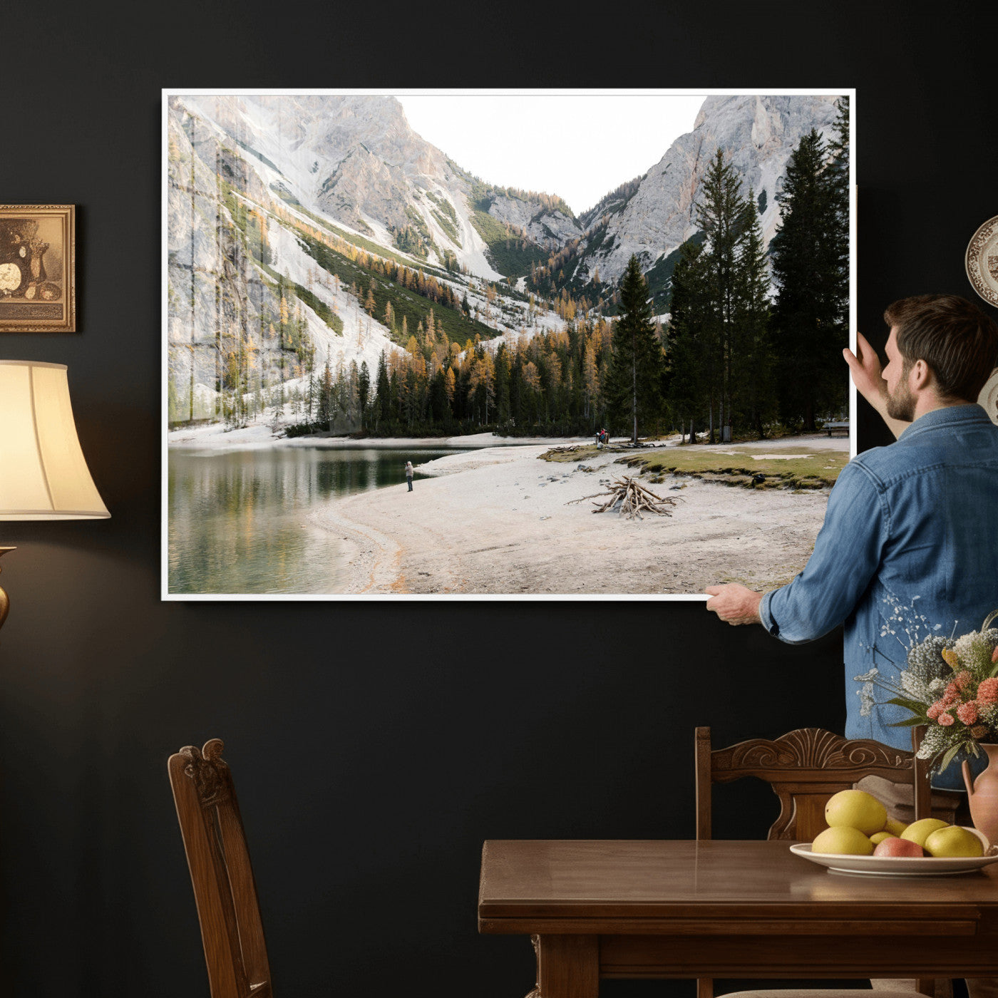 89246758-MGV-CV-36X24 - Lake Braies Alpine Landscape Wall Art Canvas Print, Dolomites Mountain Lake Forest Canvas Print, Italian Alps Scenic Nature Art Printing