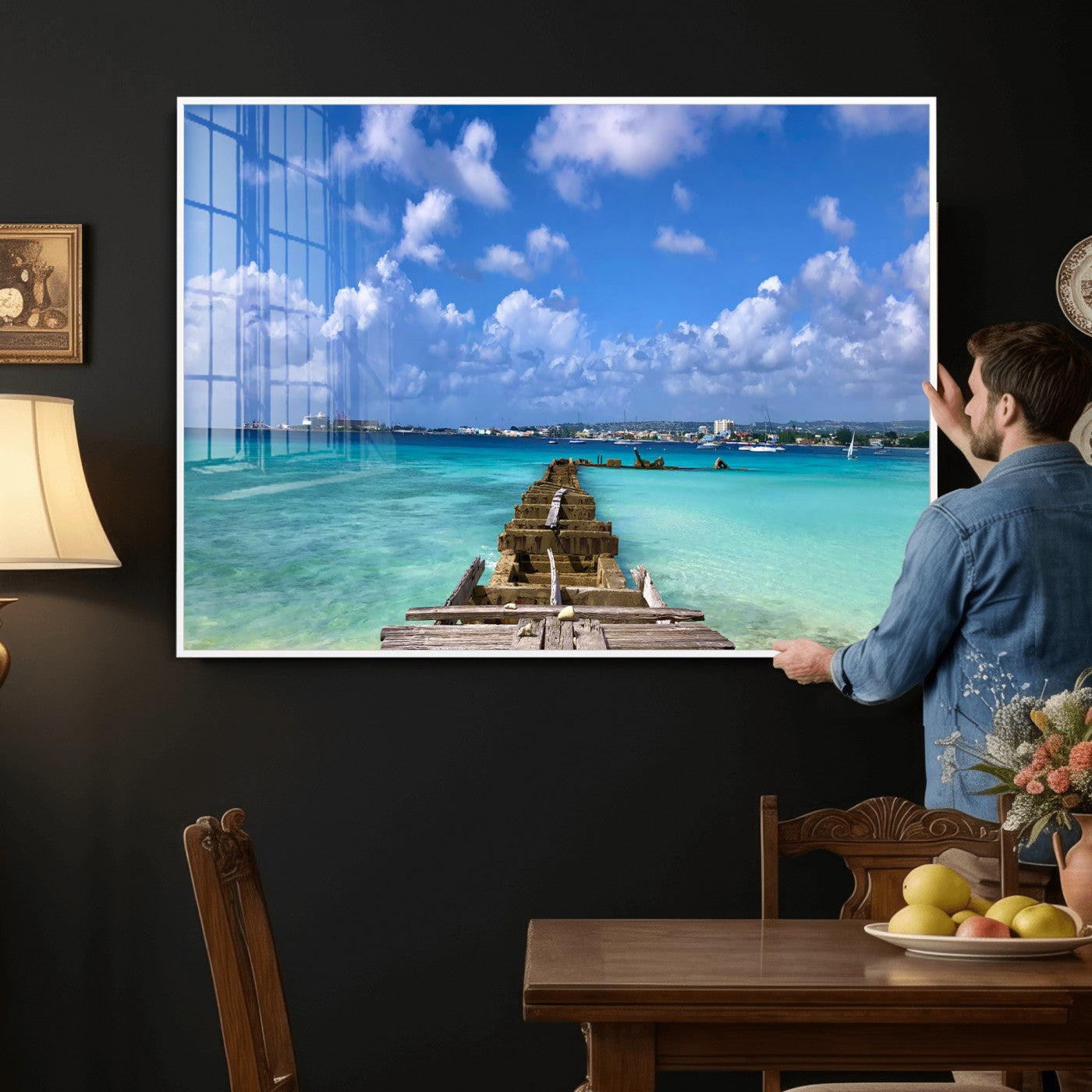 43165024-MGV-CV-36X24 - Caribbean Ocean Pier Seascape Wall Art Canvas Print, Turquoise Sea Tropical Harbor Canvas Print, Island Coastal Blue Water Scenic Art Printing