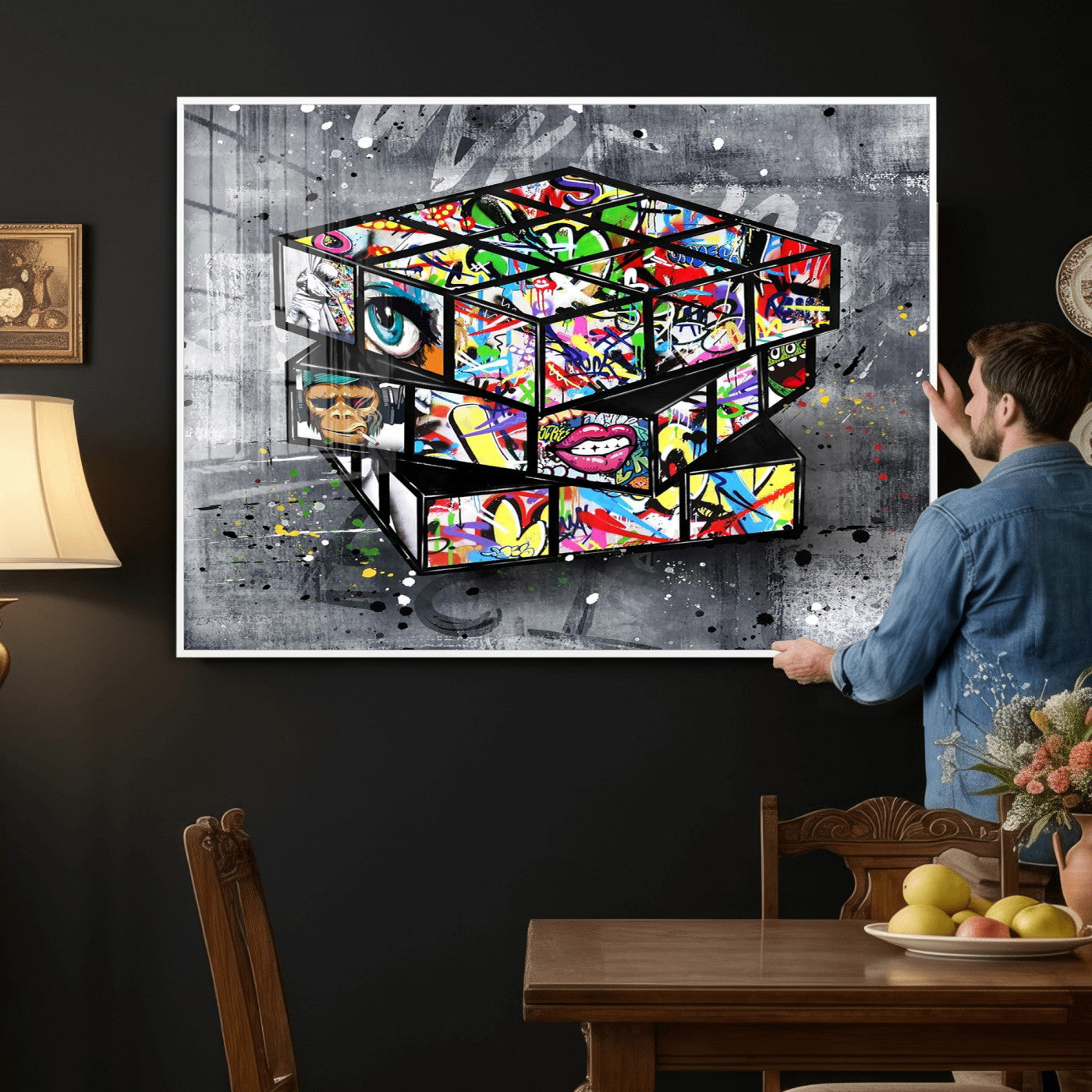 46789556-MGV-CV-36X24 - Graffiti Cube Abstract Street Art Wall Art Canvas Print, Colorful Urban Pop Art Geometric Canvas Print, Modern Street Art Contemporary Art Printing