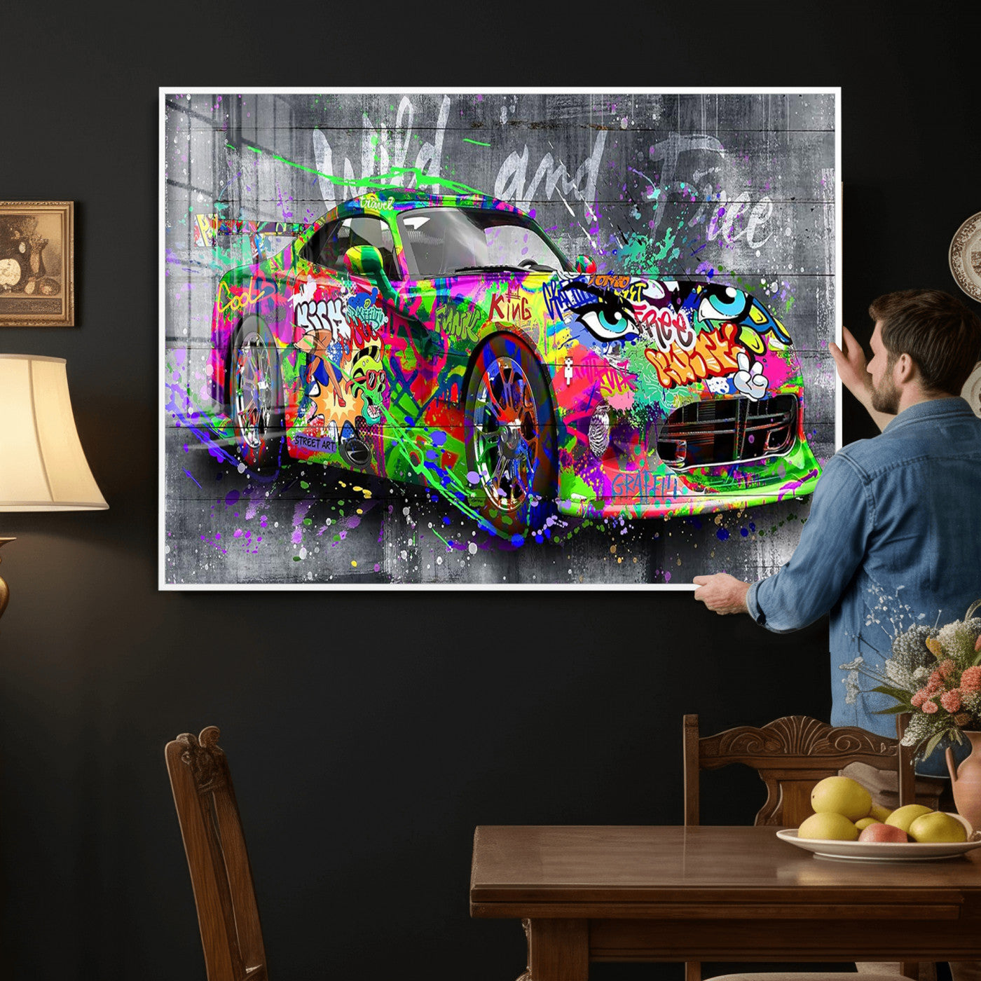95314968-MGV-CV-36X24 - Graffiti Sports Car Street Art Wall Art Canvas Print, Colorful Urban Supercar Pop Art Canvas Print, Modern Graffiti Car Contemporary Art Printing