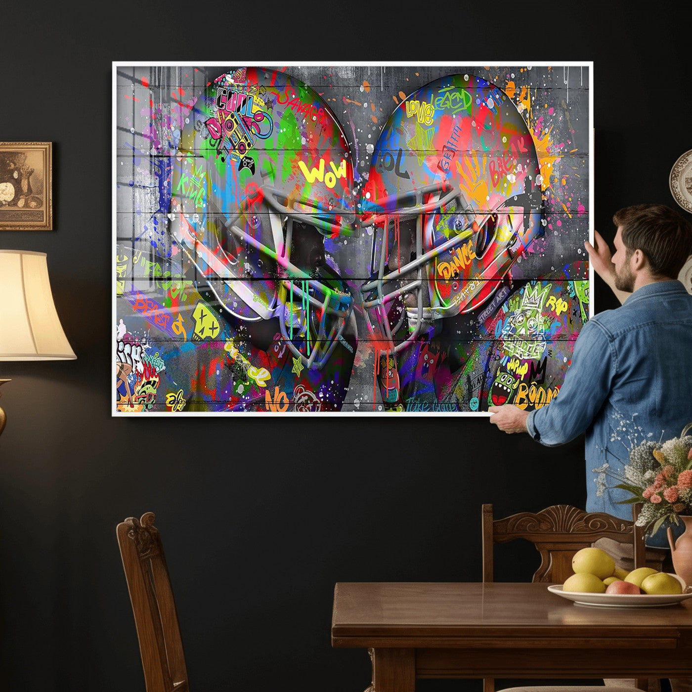 15309853-MGV-CV-36X24 - Graffiti Football Helmets Wall Art Canvas Print, Urban Street Art Sports Decor, Colorful American Football Graffiti Artwork