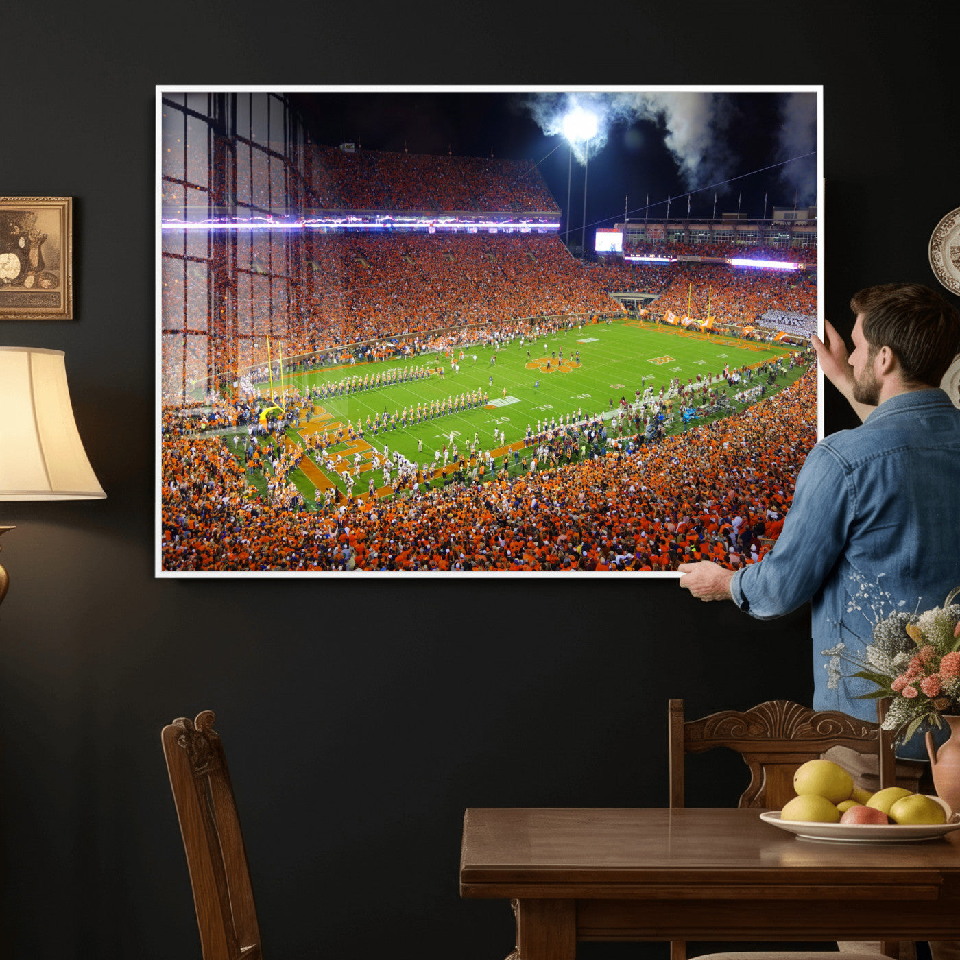 43662631-MGV-CV-36X24 - Clemson Football Stadium Wall Art Canvas Print, College Football Crowd Night Game Scene, Orange Stadium Panorama Wall Decor