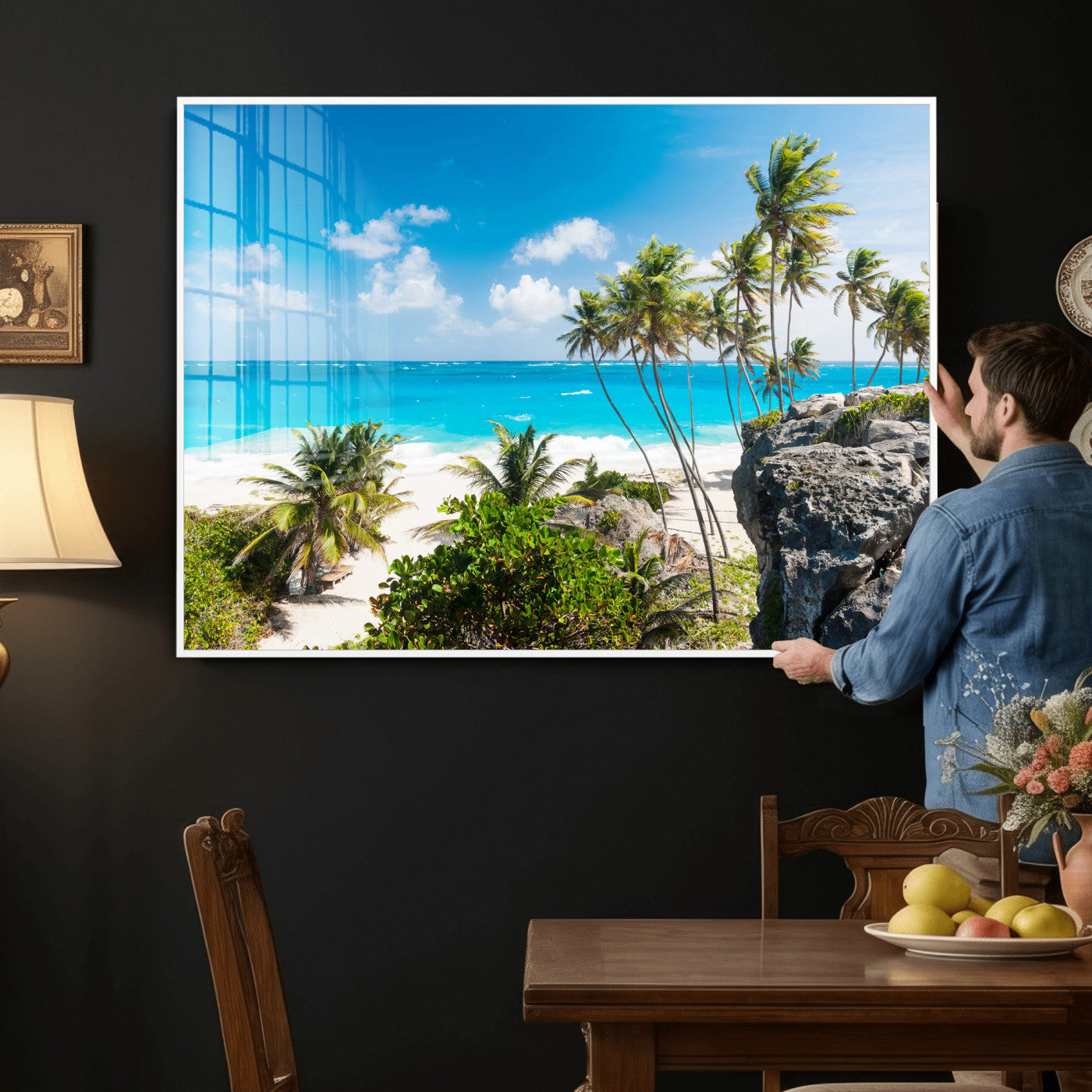 98605610-MGV-CV-36X24 - Tropical Beach Wall Art Canvas Print, Palm Tree Ocean Landscape Photography, Caribbean Coastal Artwork