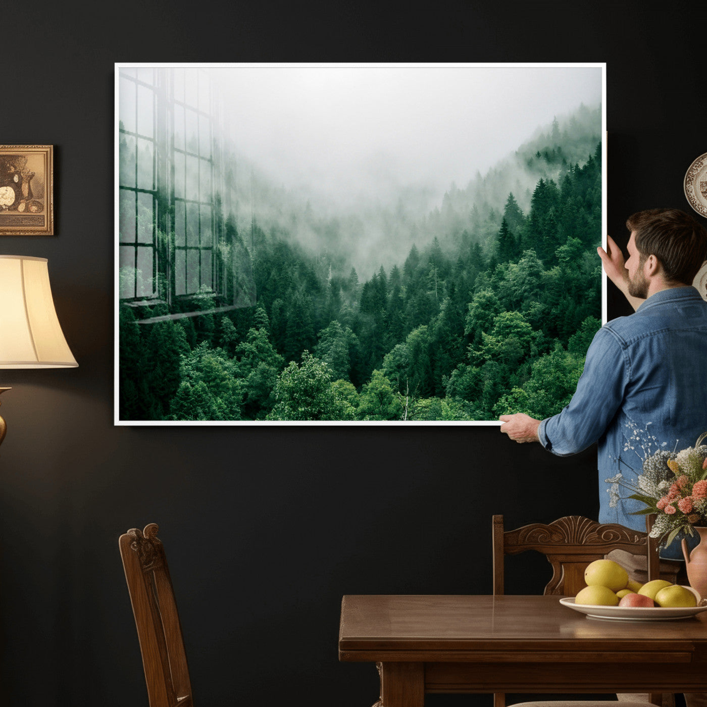 61640815-MGV-CV-36X24 - Misty Pine Forest Wall Art Canvas Print, Foggy Evergreen Landscape Wall Decor, Moody Green Nature Artwork, Minimal Forest Canvas Wall Art, Framed Canvas Wall Art Ready to Hang