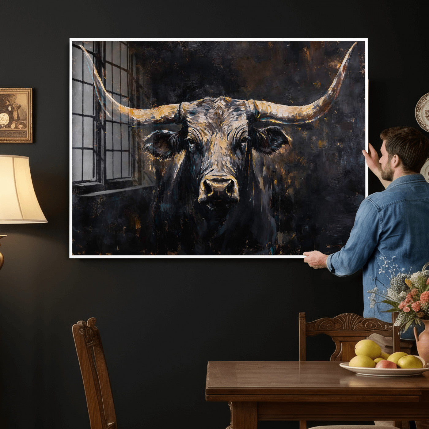 17622011-MGV-CV-36X24 - Abstract Longhorn Bull Wall Art Canvas Print – Dark Rustic Western Cattle Artwork for Farmhouse, Ranch, Cabin, and Office Decor
