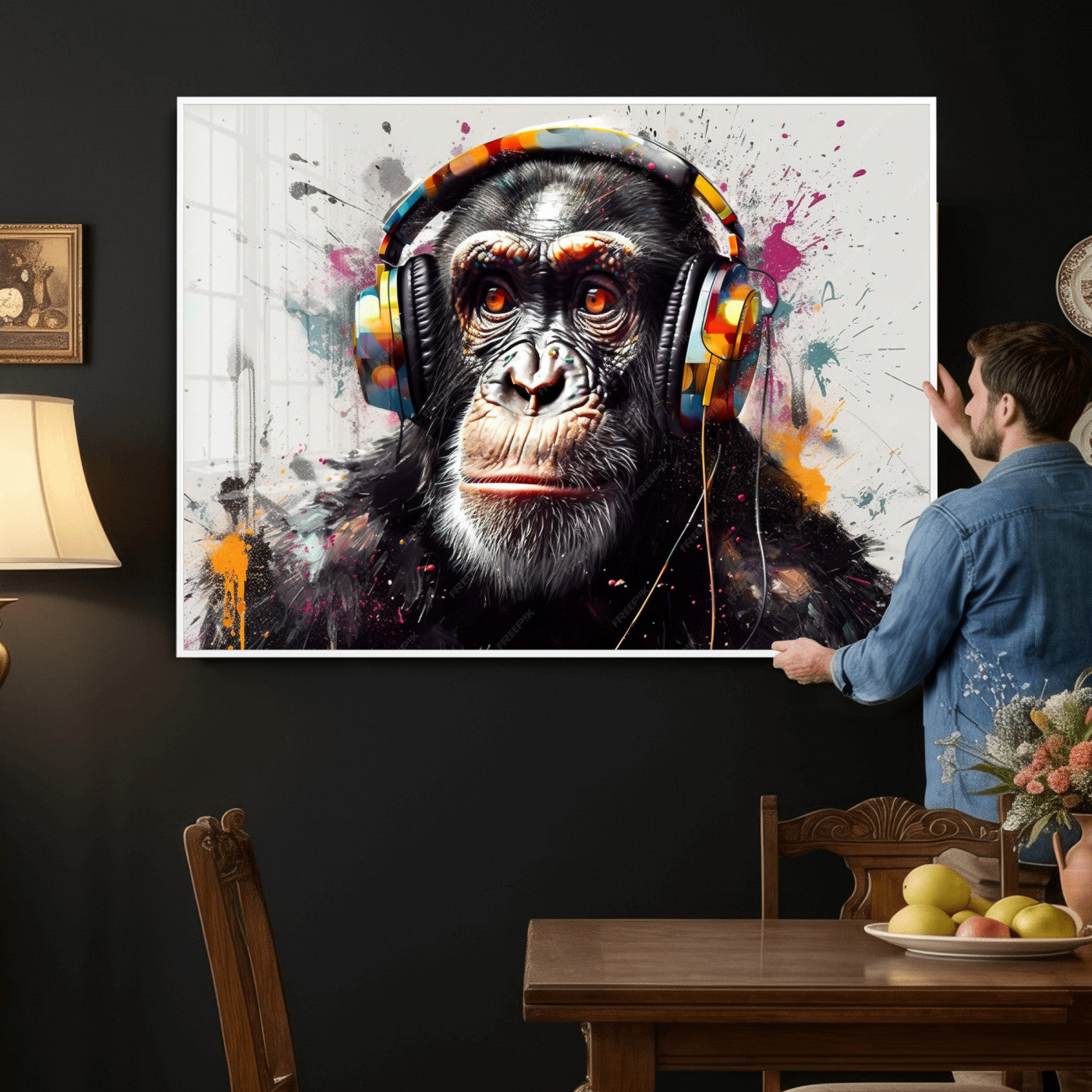31244985-MGV-CV-36X24 - Dj Monkey Wall Art Canvas Print – Colorful Pop Art Banksy Graffiti Chimpanzee Print
