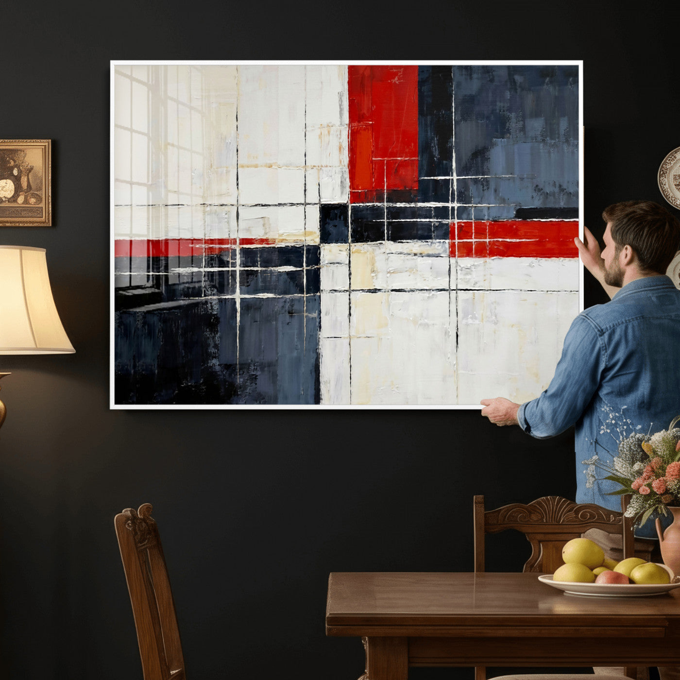 11921181-MGV-CV-36X24 - Navy Red Abstract Wall Art Canvas Print, Modern Luxury Geometric Painting Wall Decor for Living Room and Office
