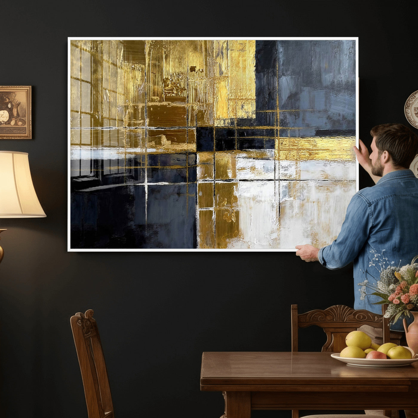 76917030-MGV-CV-36X24 - Gold Navy Abstract Wall Art Canvas Print, Modern Luxury Geometric Painting Wall Decor for Living Room and Office