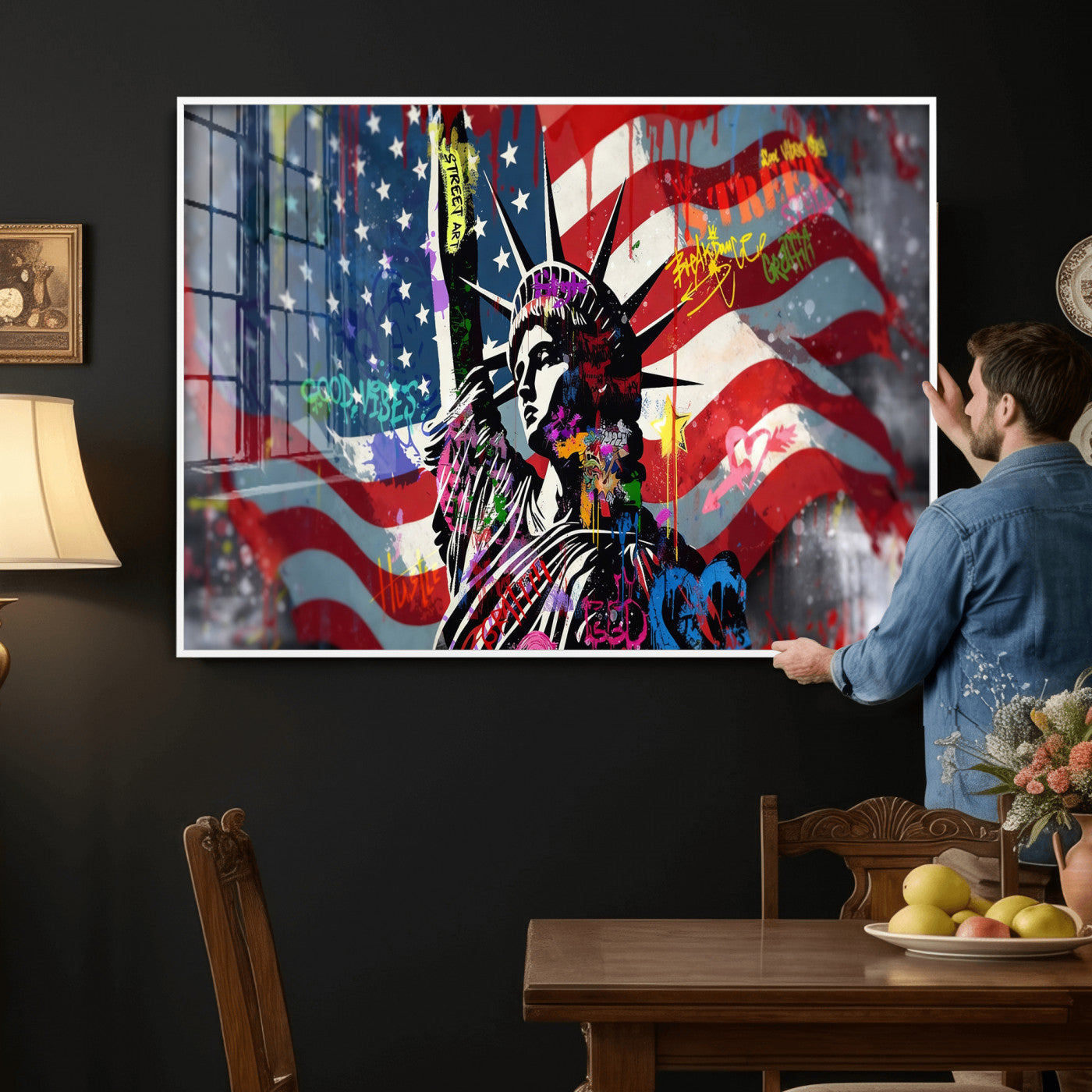 32151941-MGV-CV-36X24 - USA Statue of Liberty Graffiti Street Art Wall Art Canvas Print, American Flag Urban Pop Art Canvas Print, Modern Patriotic Street Art Contemporary Art Printing