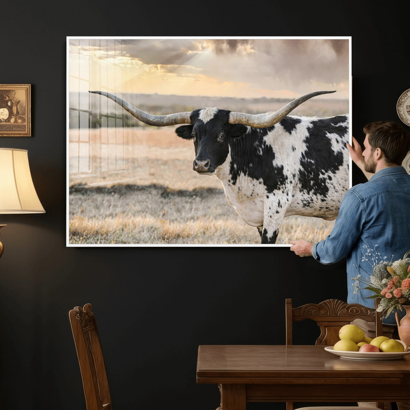 49350433-MGV-CV-36X24 - Texas Longhorn Bull Rustic Wall Art Canvas Print, Western Cattle Photography Canvas Print, Ranch Farm Animal Western Art Printing