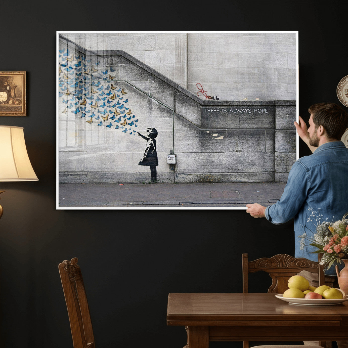 15274223-MGV-CV-36X24 - Banksy Girl with Butterflies Street Art Wall Art Canvas Print, Hope Graffiti Urban Art Canvas Print, Minimalist Inspirational Street Art Contemporary Art Printing
