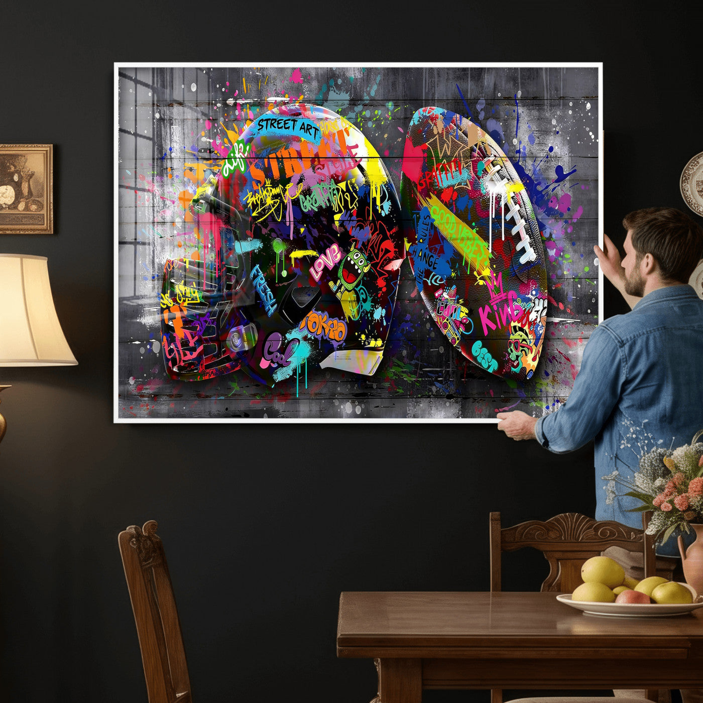 80540773-MGV-CV-36X24 - Graffiti American Football Helmet Street Art Wall Art Canvas Print, Urban Sports Pop Art Football Canvas Print, Colorful Graffiti Sports Contemporary Art Printing