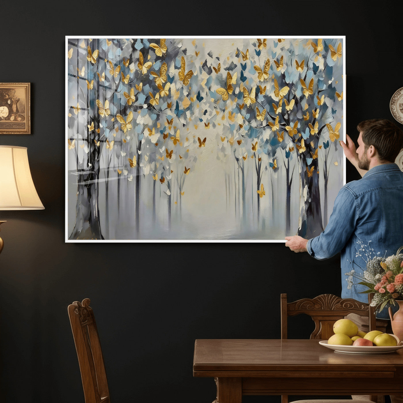 79208191-MGV-CV-36X24 - Golden Butterfly Tree Abstract Wall Art Canvas Print, Modern Elegant Nature Painting Canvas Print, Blue Gold Contemporary Floral Art Printing