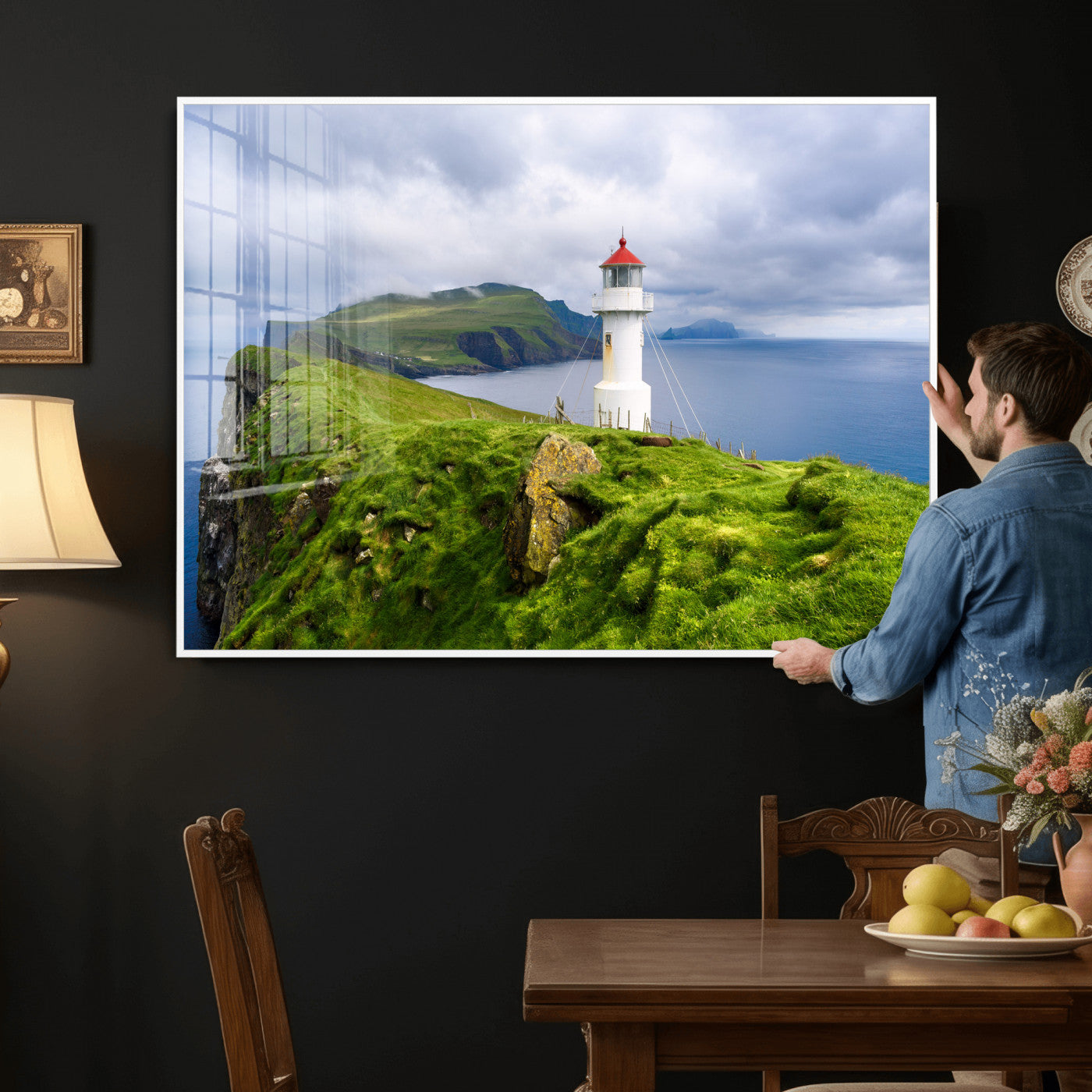 10680390-MGV-CV-36X24 - Coastal Lighthouse Wall Art Canvas Print, Cliffside Ocean Landscape Canvas Print, Scandinavian Coastal Decor for Living Room