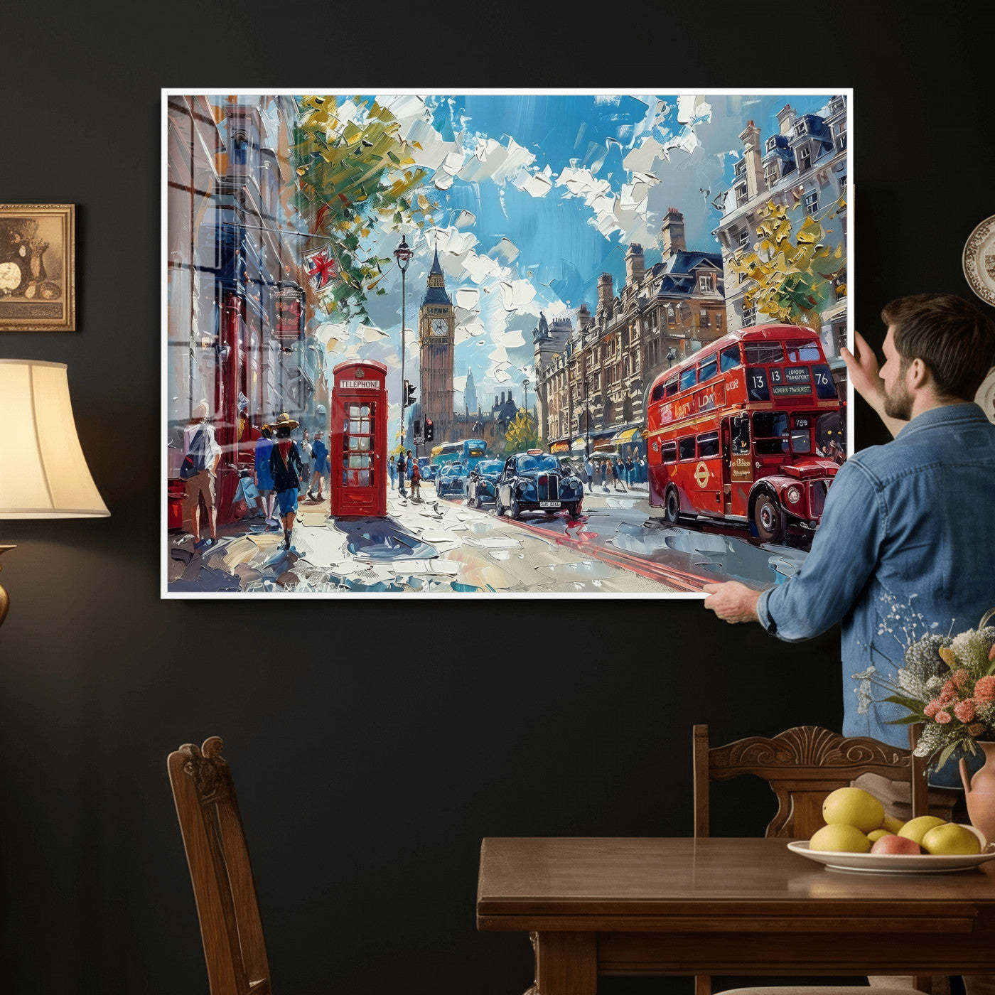 17630888-MGV-CV-36X24 - Modern London City Street Wall Art Canvas Print, Big Ben & Red Bus Artwork Canvas Print