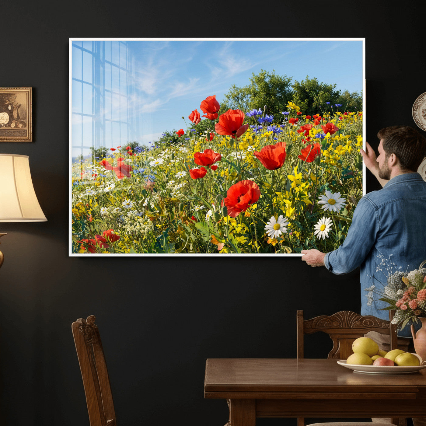 38570784-MGV-CV-36X24 - Wildflower Meadow Wall Art Canvas Print – Colorful Poppy and Daisy Field Landscape Artwork for Living Room Decor
