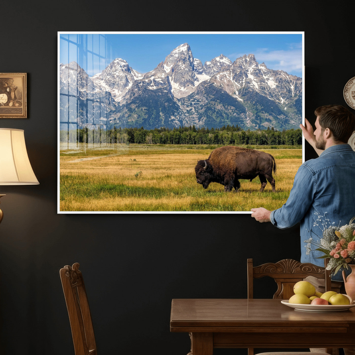 20424529-MGV-CV-36X24 - Bison in Mountain Landscape Wall Art Canvas Print – Western Wildlife Artwork for Rustic Living Room Decor