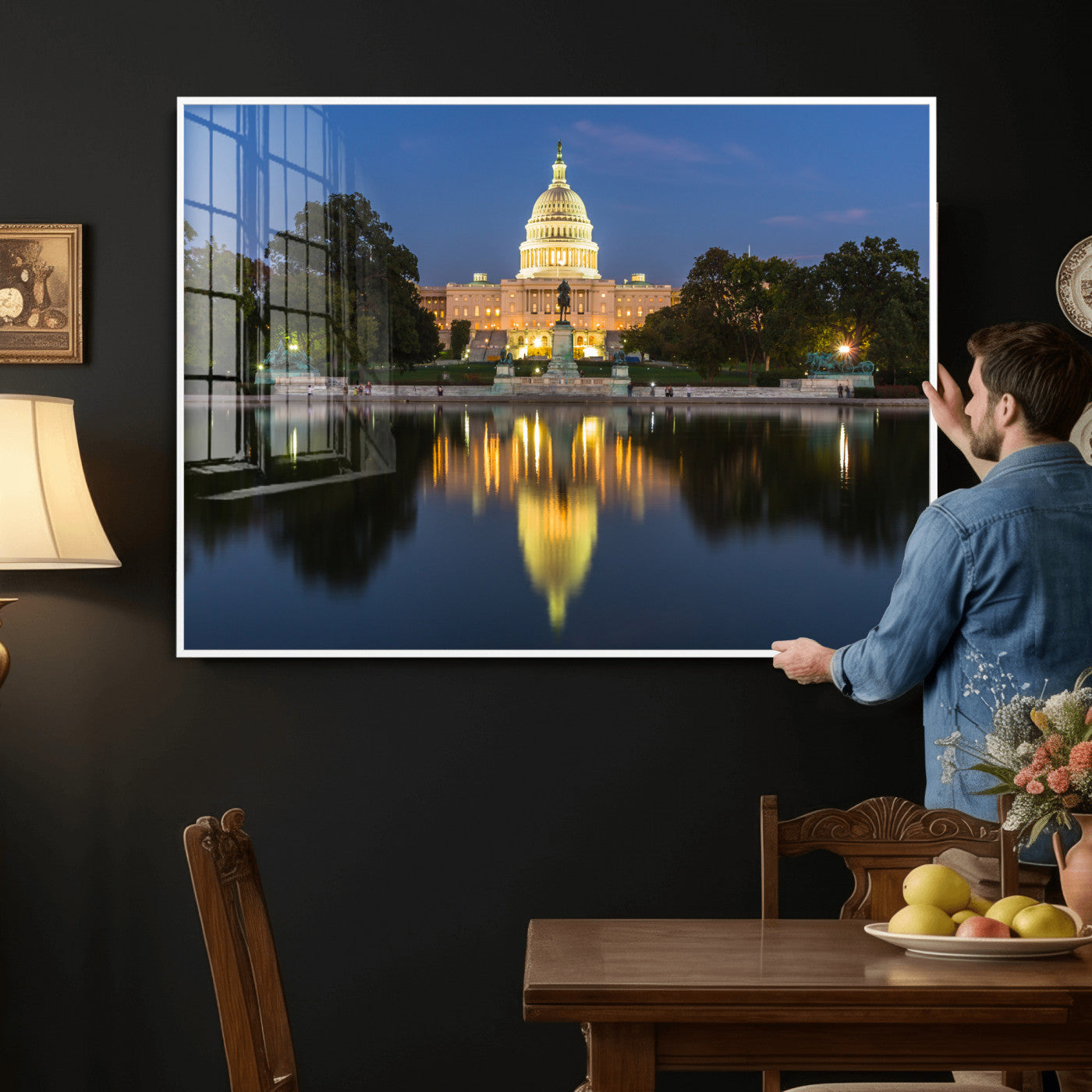95568590-MGV-CV-36X24 - US Capitol Building Wall Art Canvas Print – Washington DC Landmark Night Reflection Artwork for Office Decor